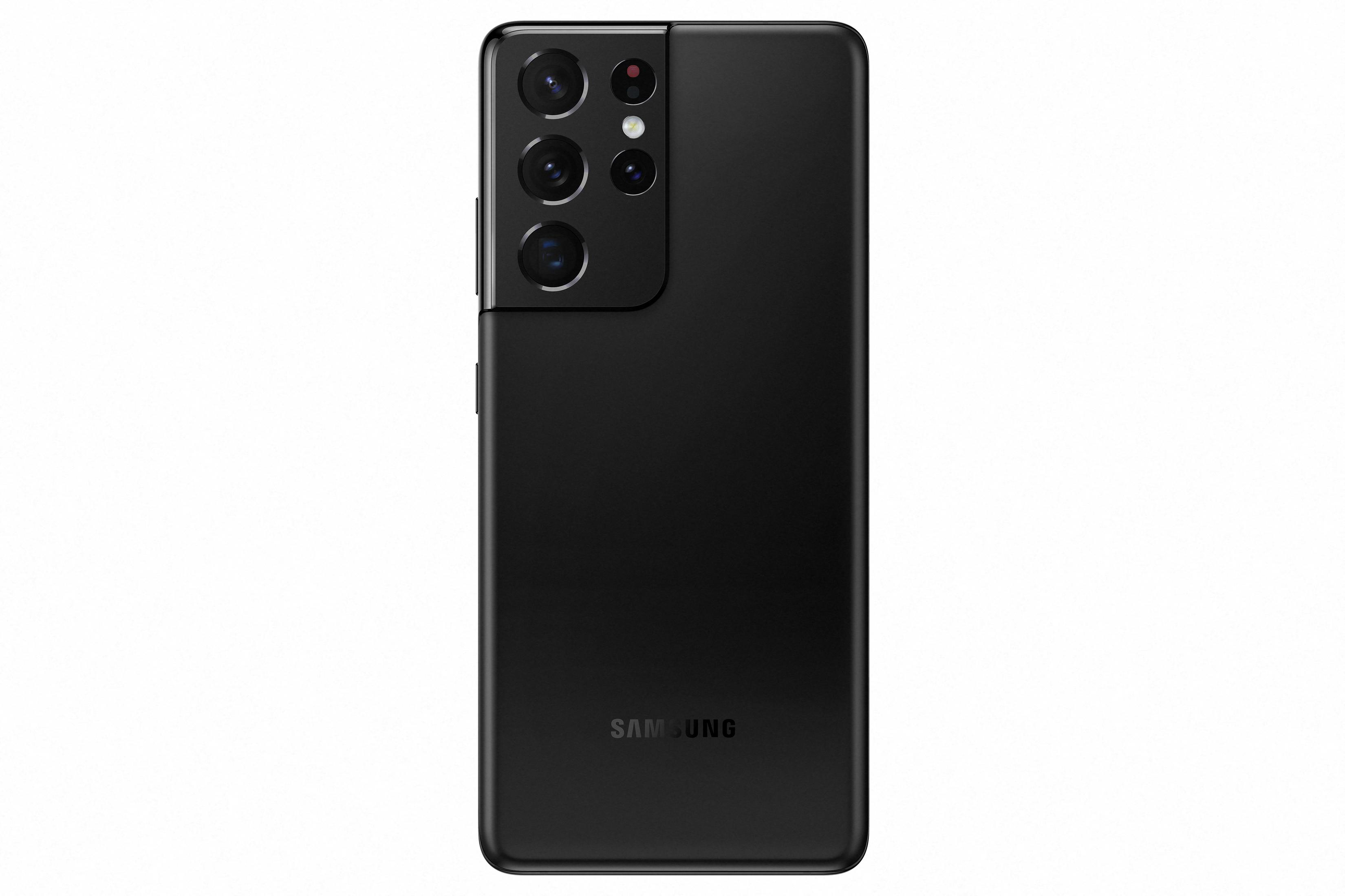 Schwarzes Smartphone mit vier Kameras auf der Rückseite, Samsung-Logo unten.