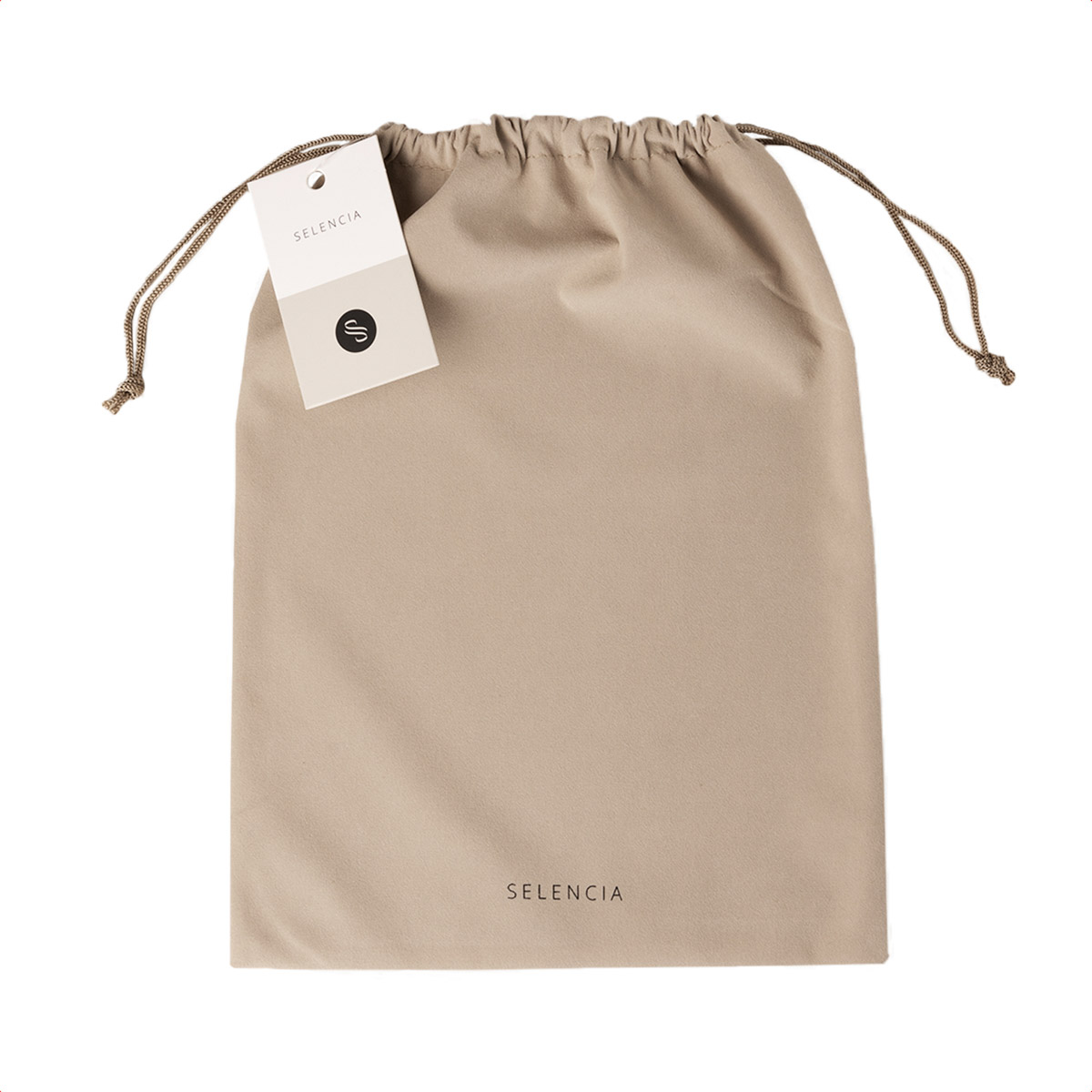 A beige drawstring pouch with a branded tag.