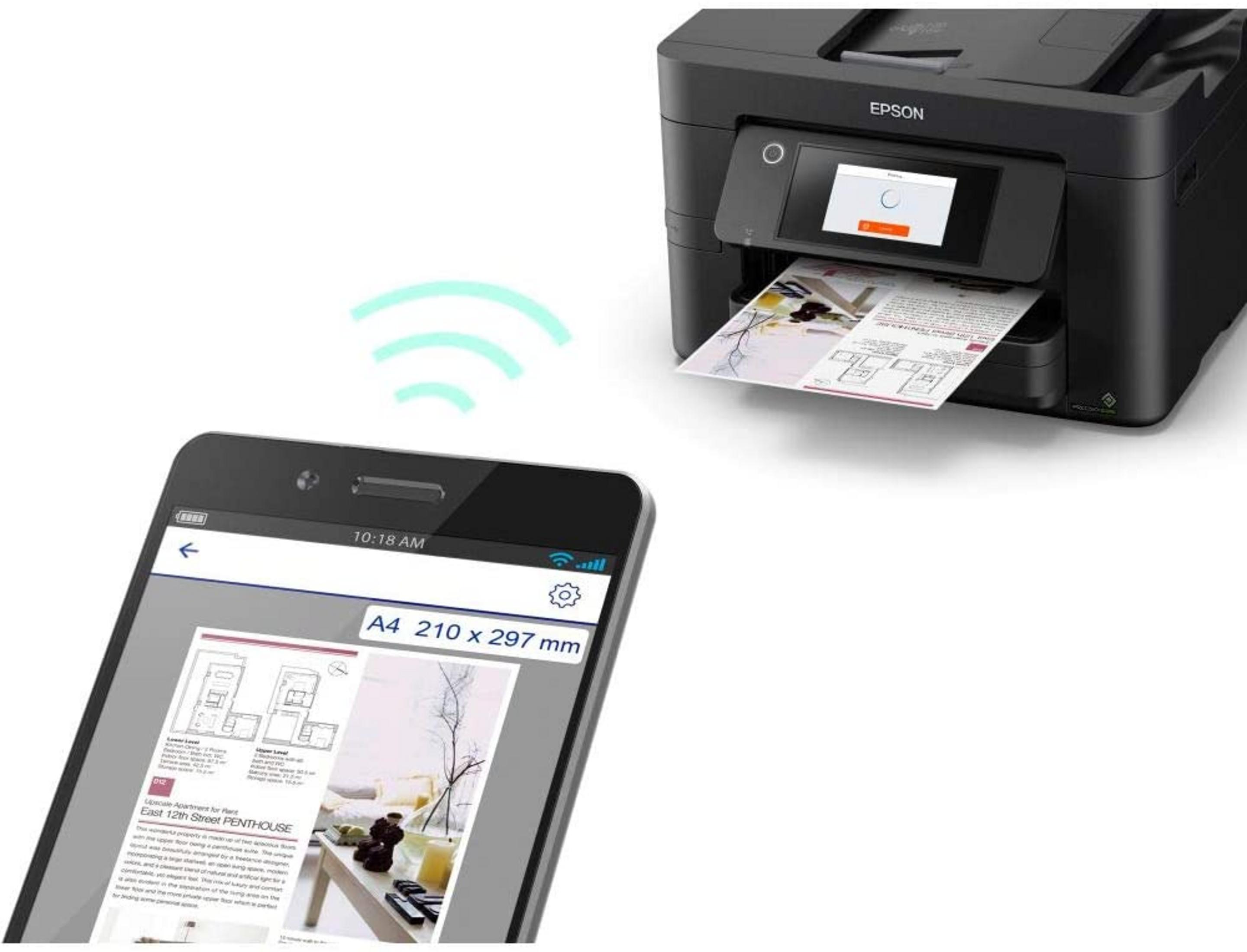 Smartphone mostra documento; stampante lo stampa.