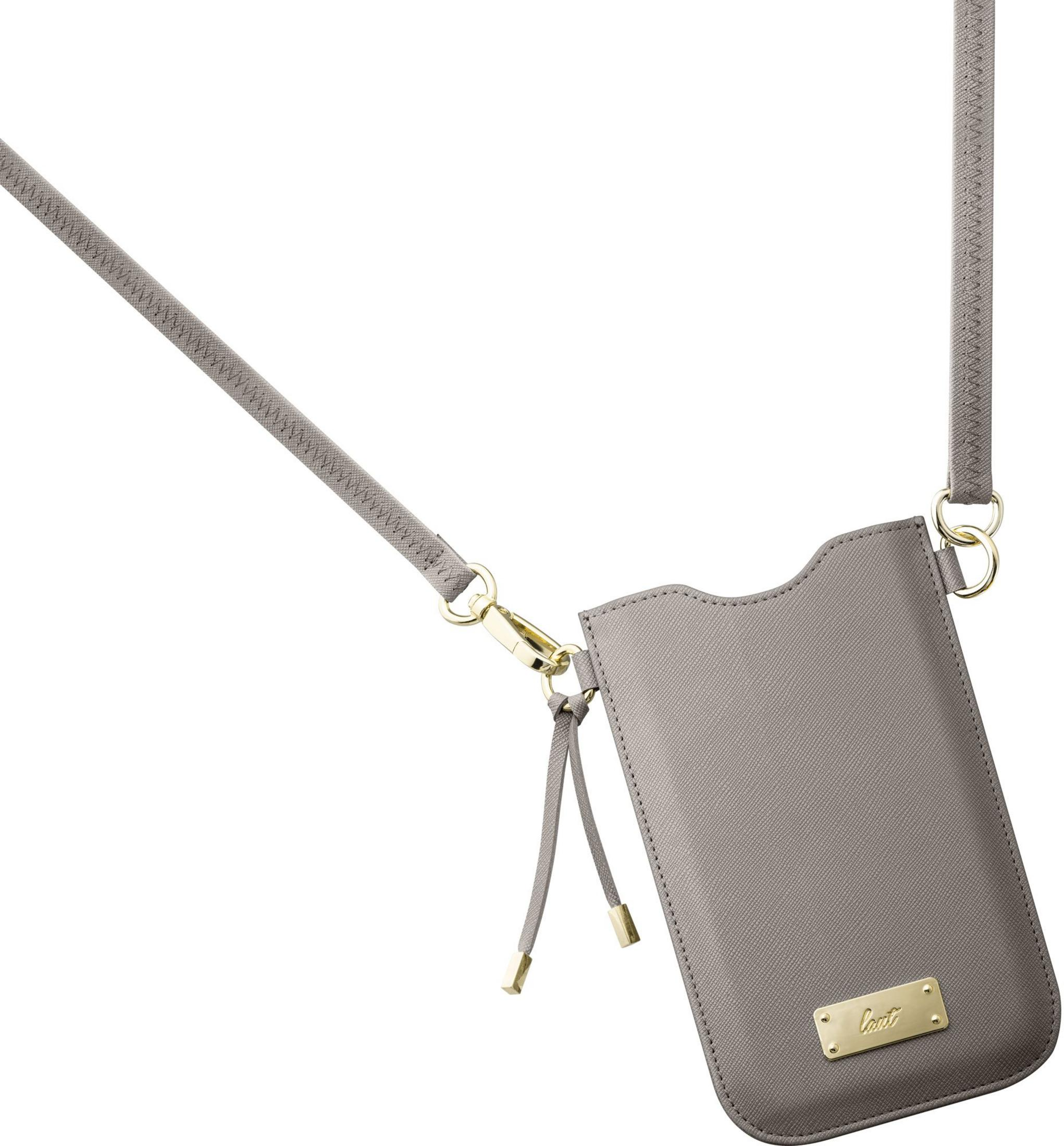 Graue Handyhülle mit Lanyard und goldenen Beschlägen.