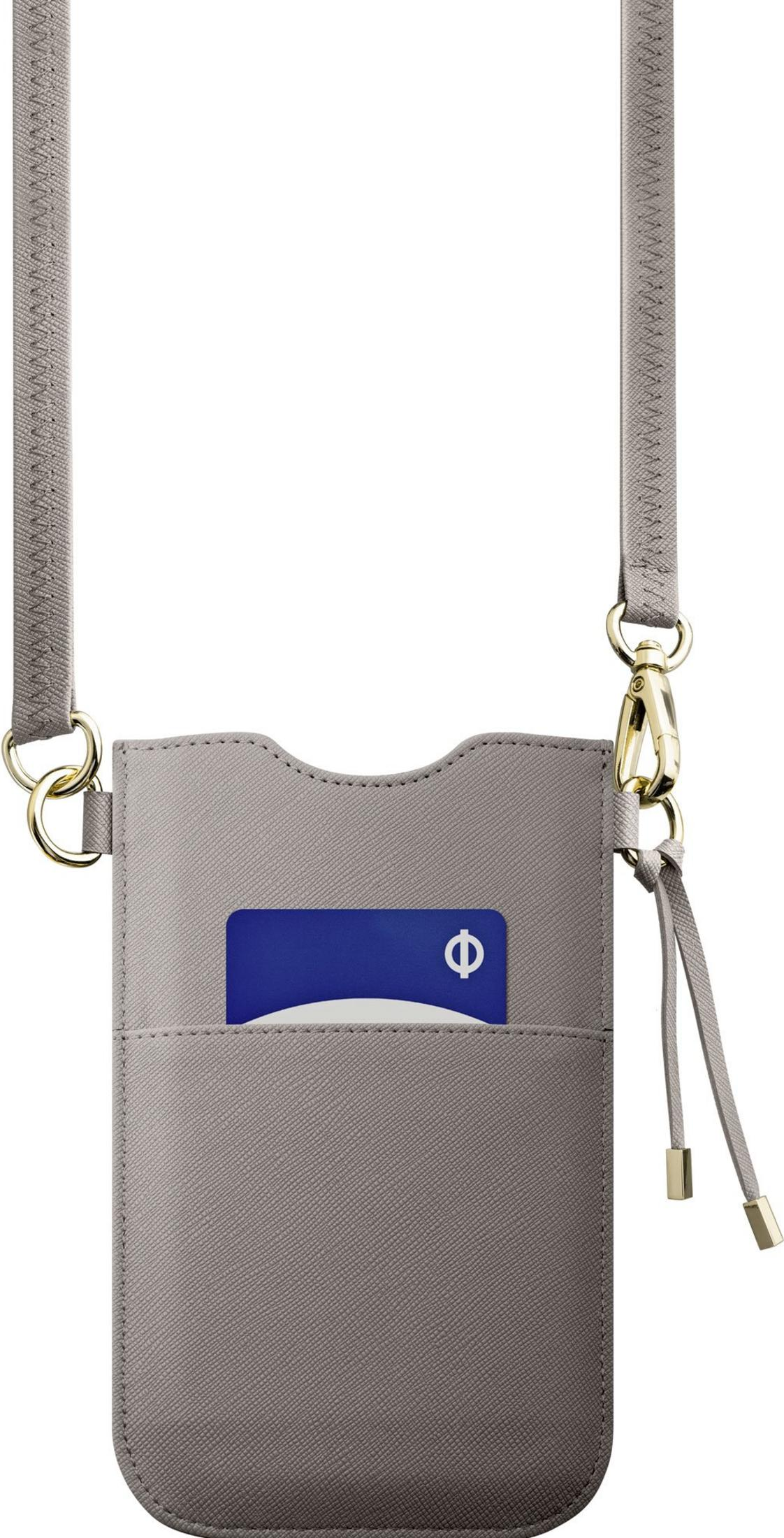 Graue Handyhülle mit Trageriemen und einer blauen Karte mit weißem Logo.