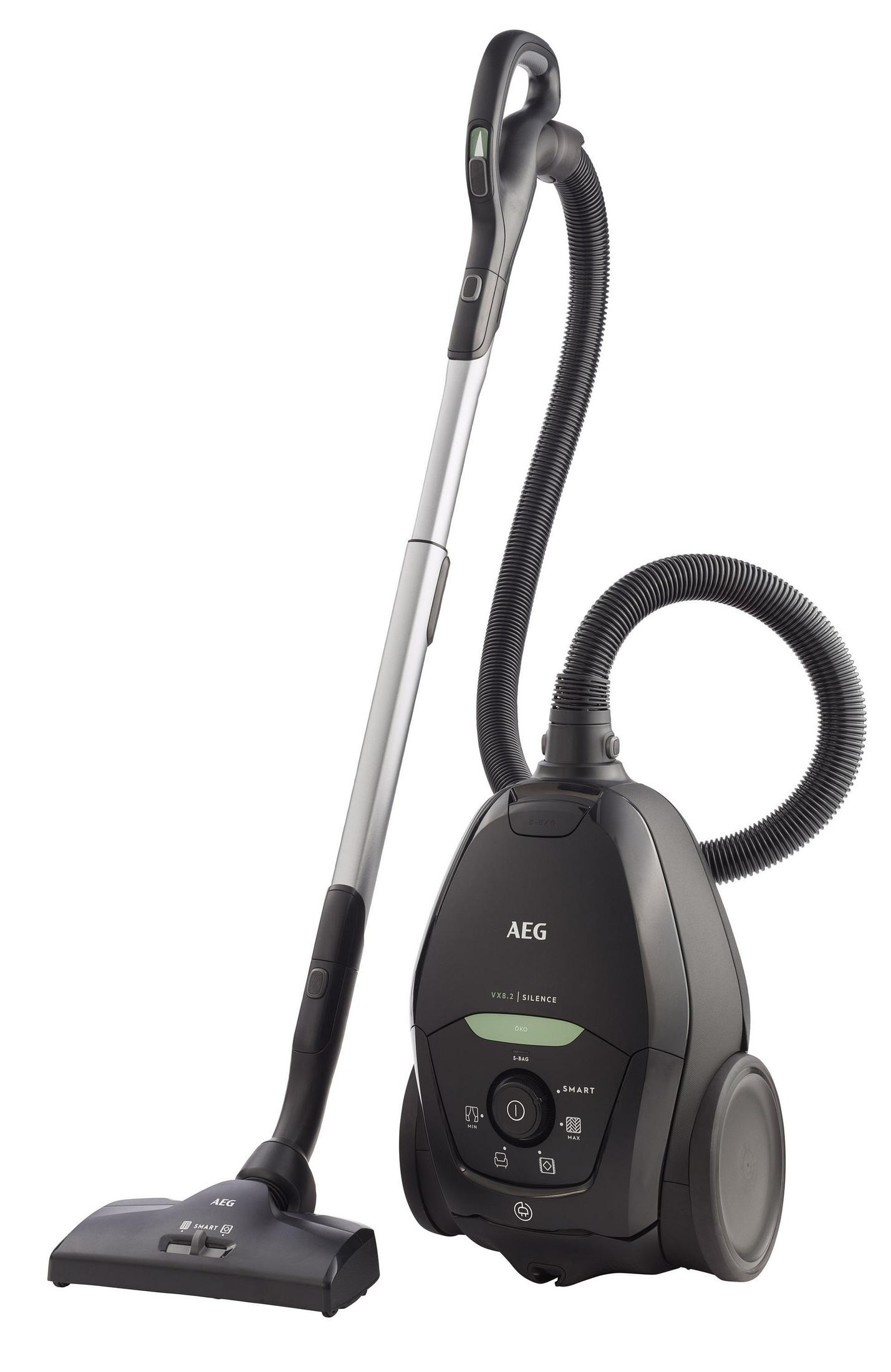 Black AEG vacuum cleaner with hose and floor nozzle, on a white background.