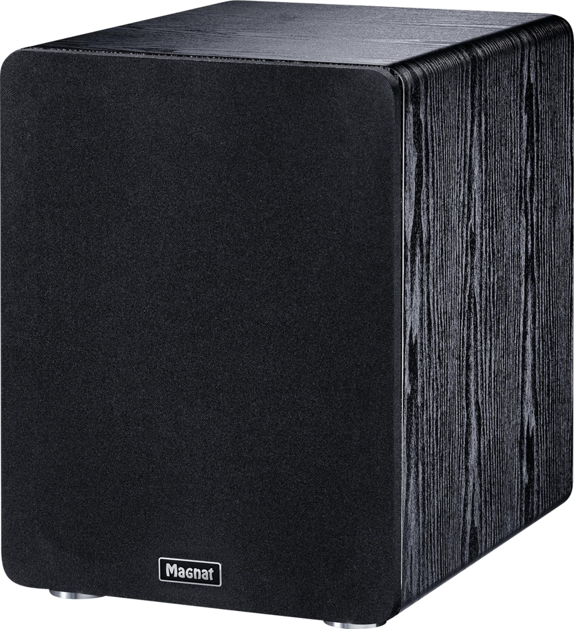 Schwarzer Subwoofer mit Holzmaserung und Magnat-Logo.
