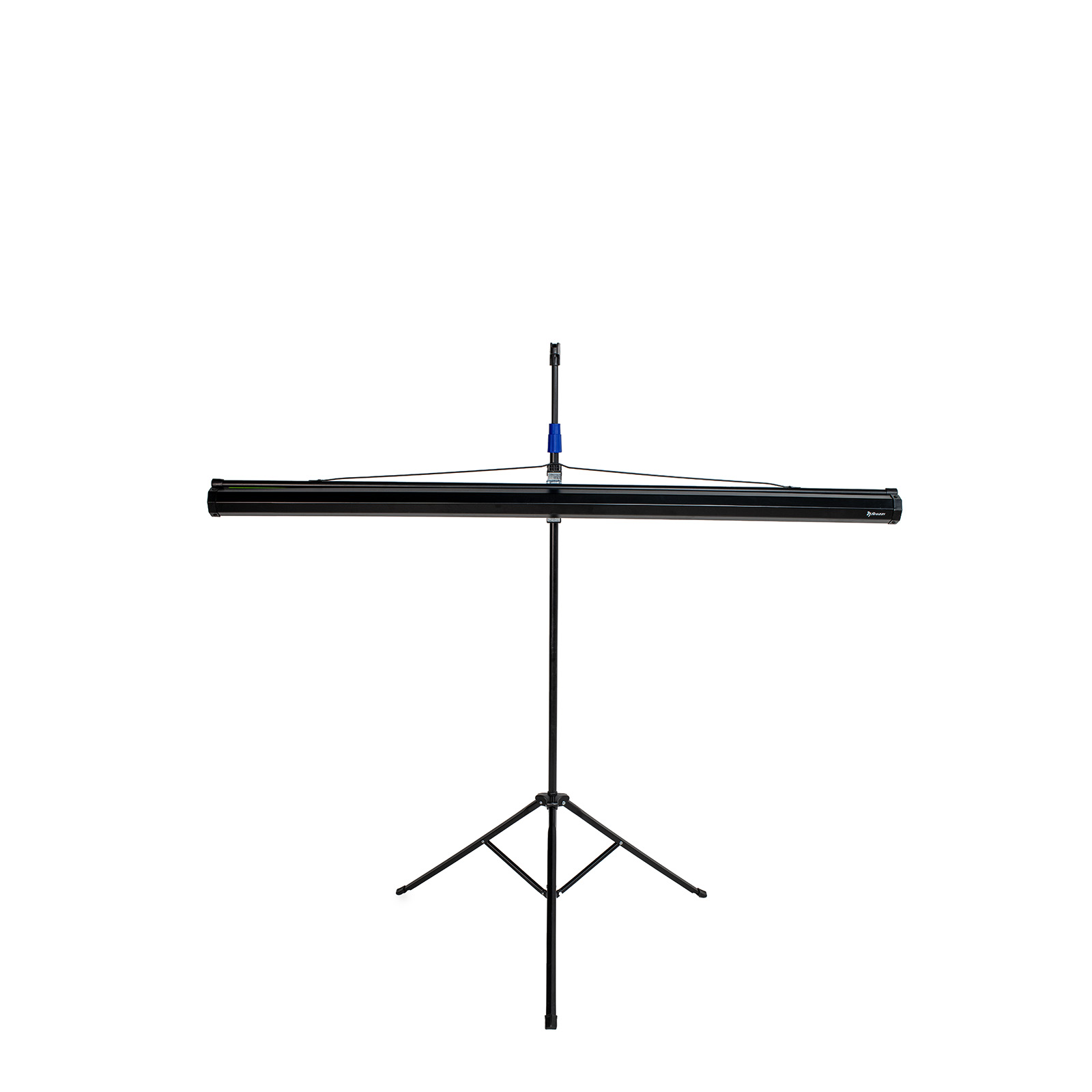 Supporto per schermo di proiezione nero con base a treppiede pieghevole.