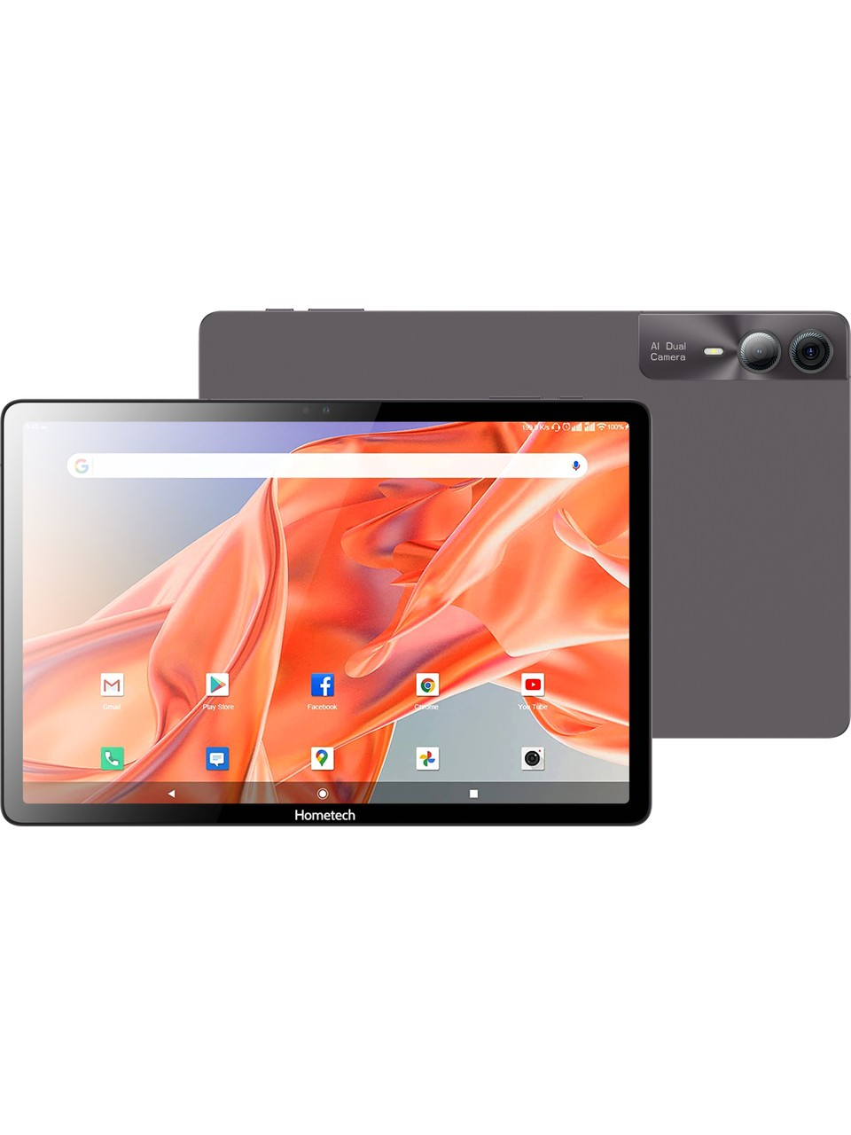 Renkli soyut duvar kağıdı ve uygulama simgeleri olan gri tablet. Arka görünüm çift kameraları gösterir.
