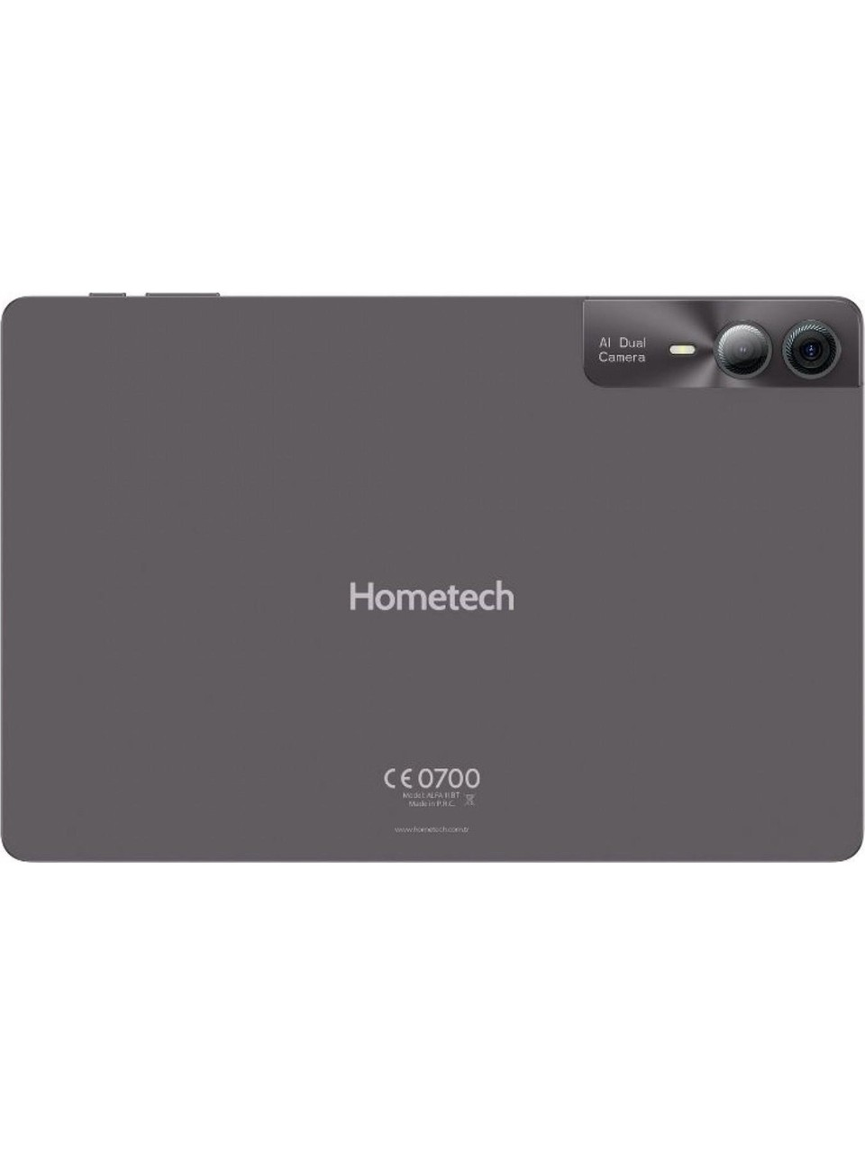 Çift kameralı gri tablet arkası, Homtech logosu, CE 0700 işareti ve web sitesi.