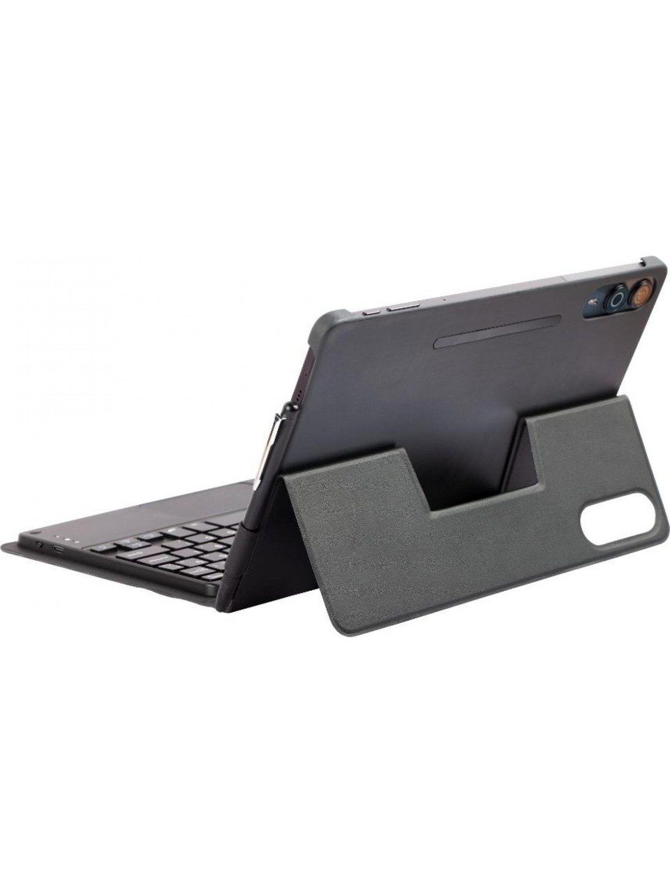 Bir stand üzerinde duran klavyeli gri tablet.