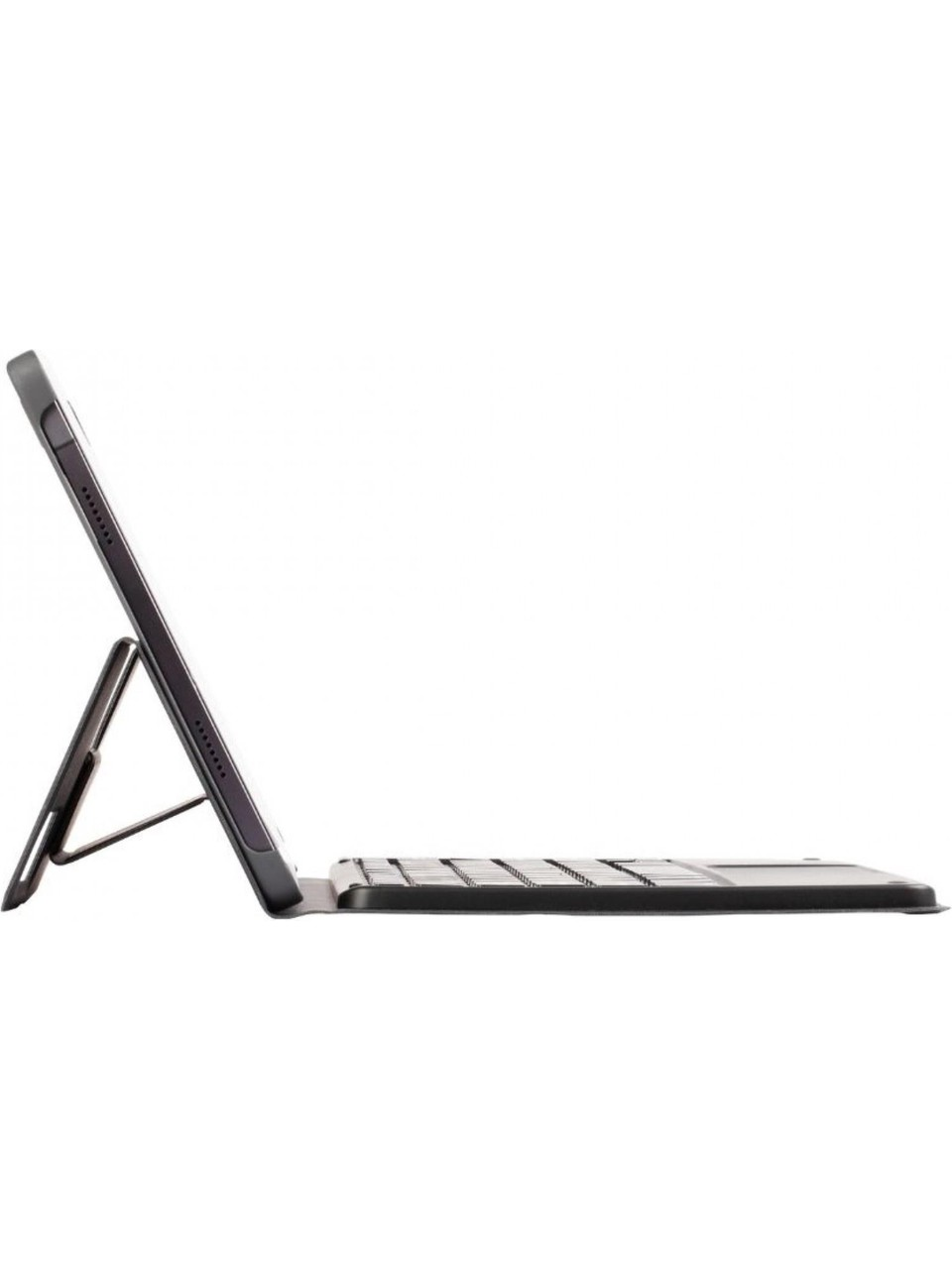 Klavye ve stantlı siyah tablet, yandan görünüm.