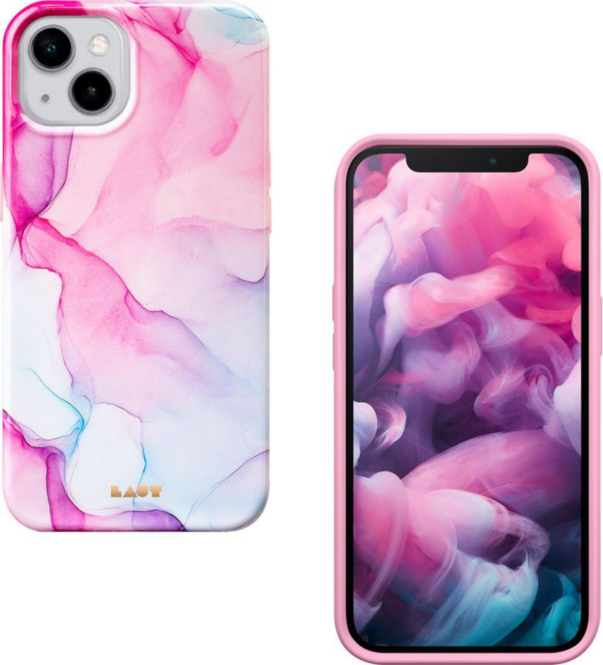 Ein hellrosa iPhone-Hülle mit Marmormuster und ein iPhone mit rosa Hülle.