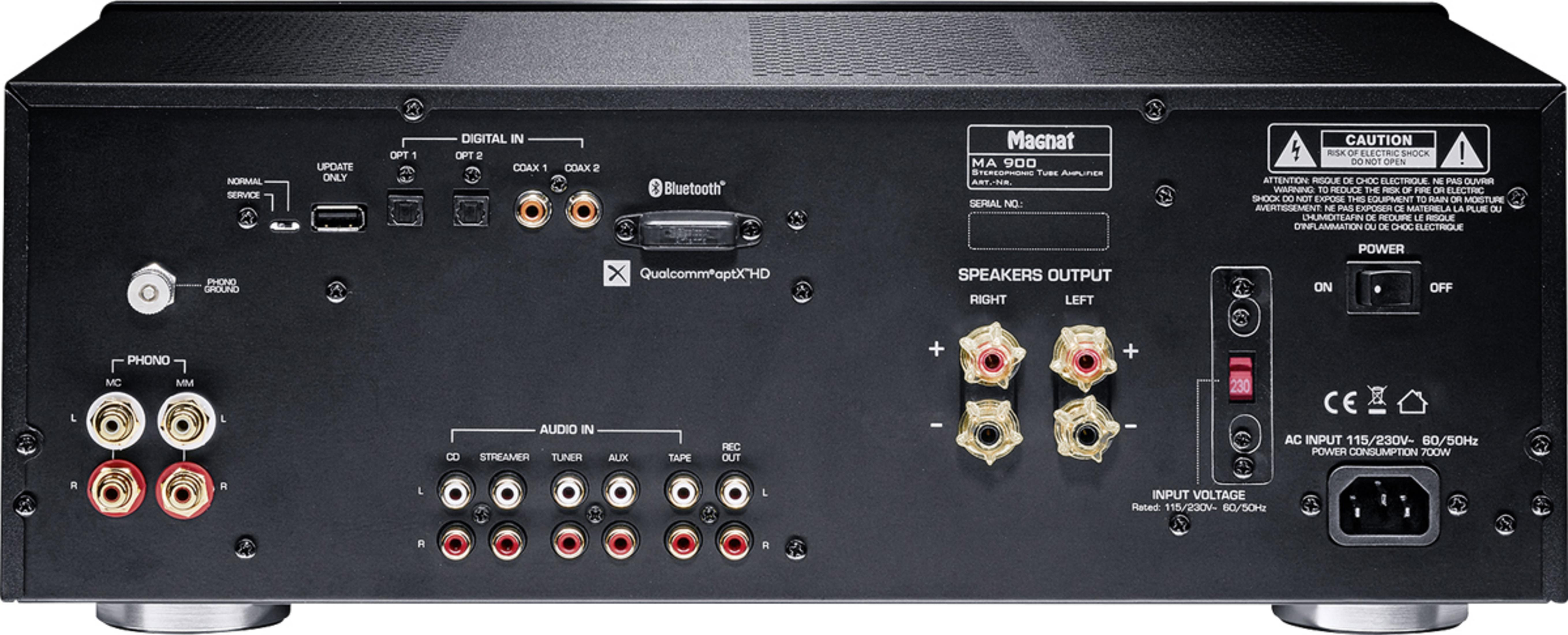 Rückseite eines Verstärkers mit Anschlüssen wie USB, optisch, koaxial, Cinch, Lautsprecher und Netzteil.