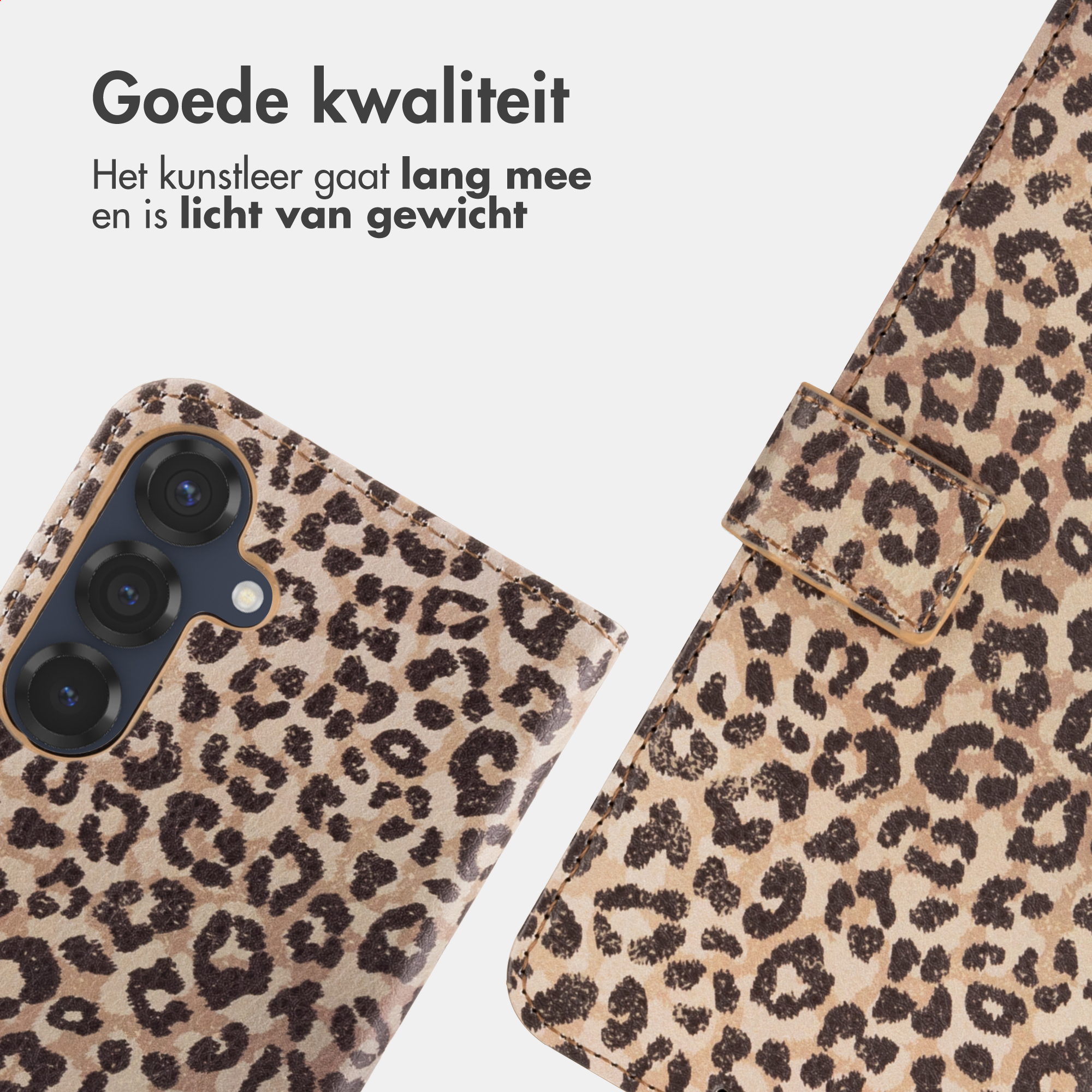 Una custodia per telefono con stampa leopardata e tre obiettivi della fotocamera.