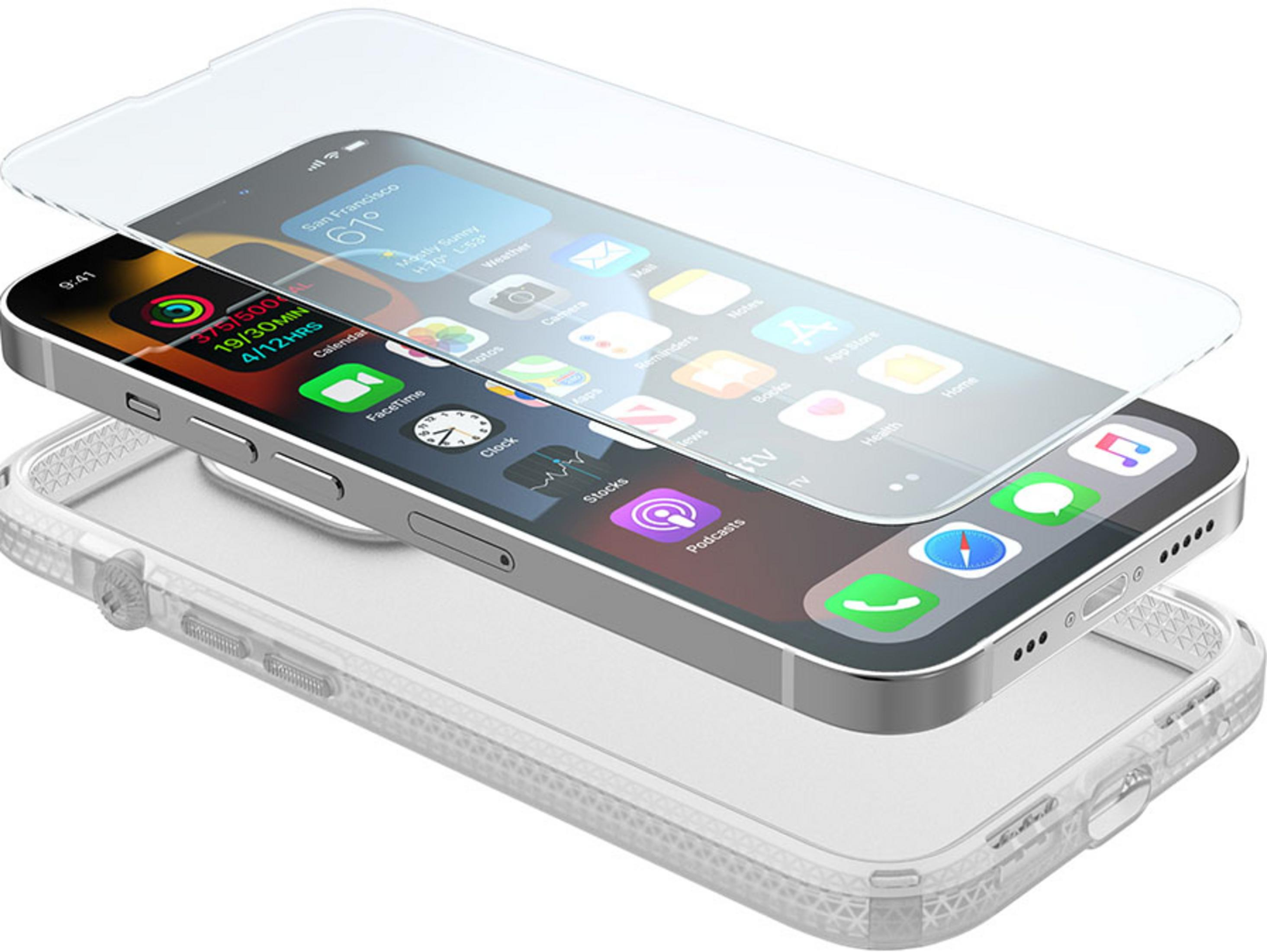 Ein Smartphone mit Displayschutzfolie und Hülle. Verschiedene Apps sind sichtbar.