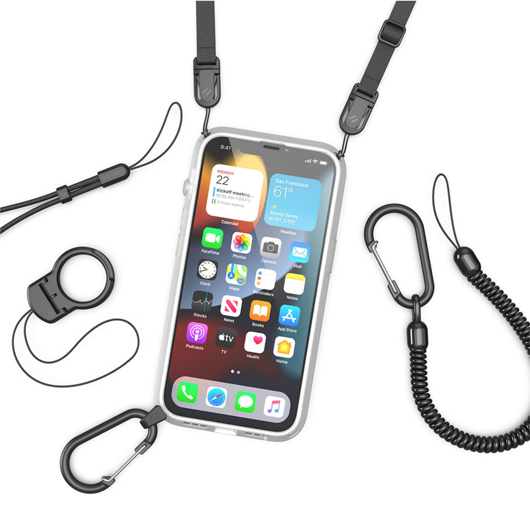 Ein iPhone mit einem transparenten Gehäuse und einer Trageschlaufe, Lanyard und Karabinern.
