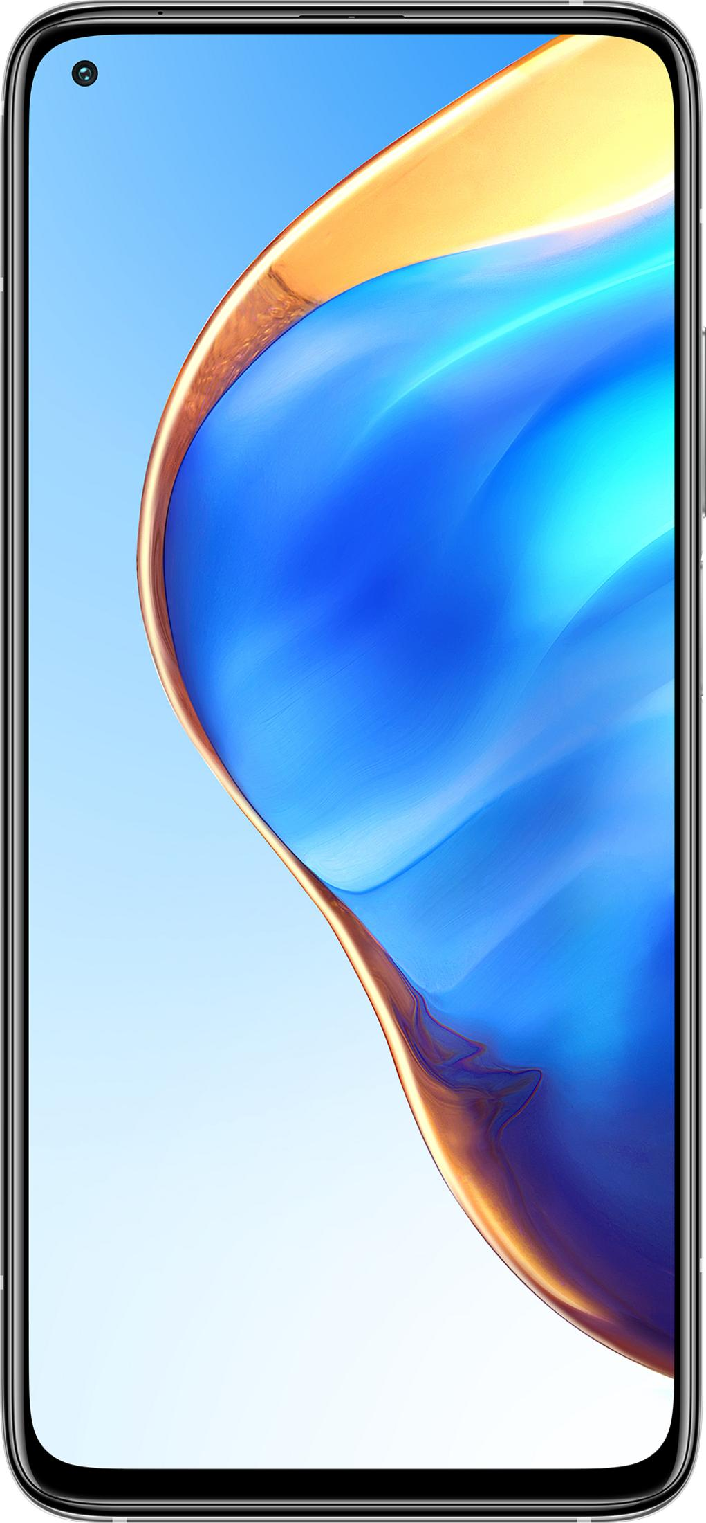 Een smartphone met een blauw en gouden schermachtergrond.