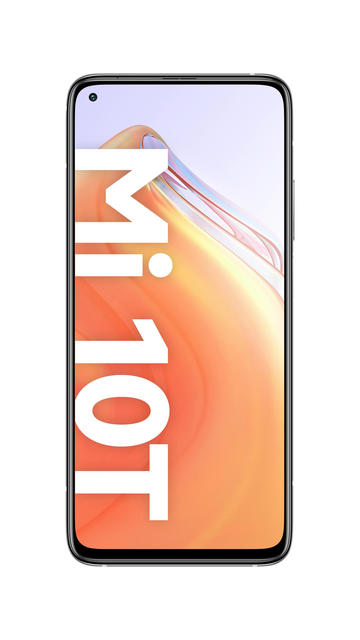 Uno smartphone con testo "Mi 10T" su sfondo arancione brillante.