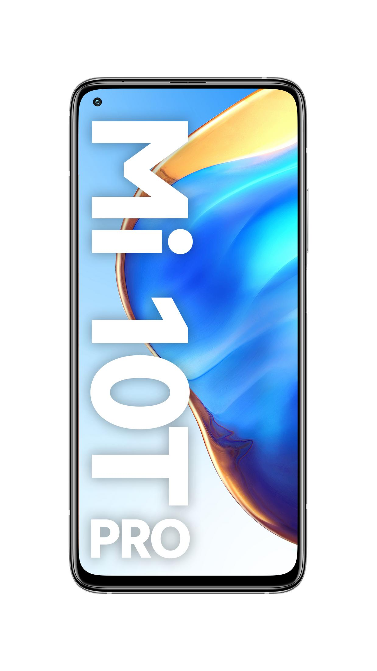 Ein Smartphone mit dem Text Mi 10T PRO auf dem blauen und gelben Hintergrund.