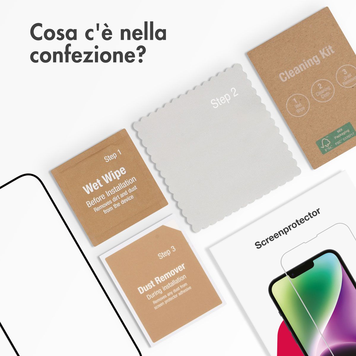Kit di pulizia con salviette per l'installazione dello schermo.