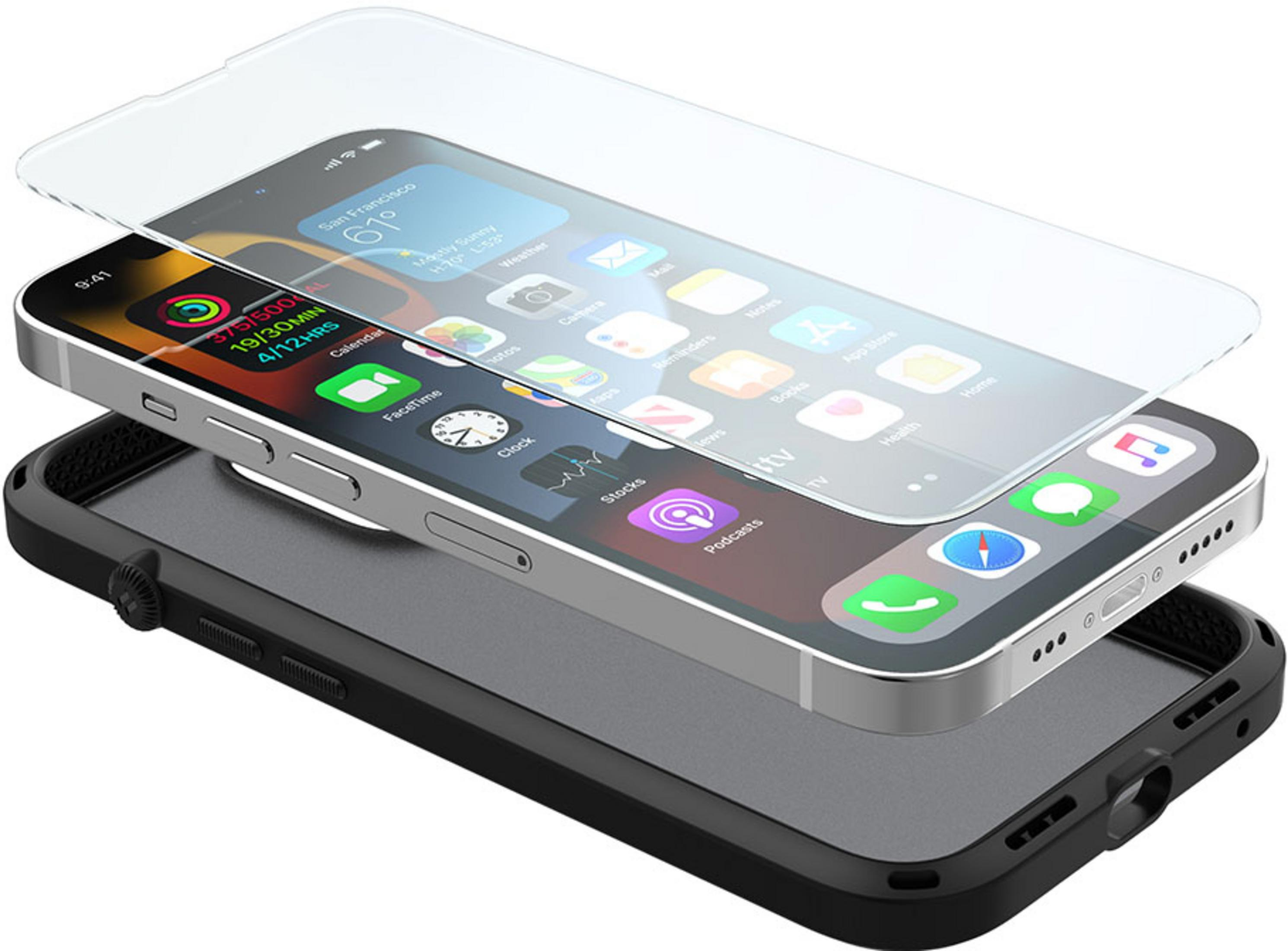 Ein schwarzes iPhone mit Bildschirmschutz und Hülle. Die Icons sind sichtbar.