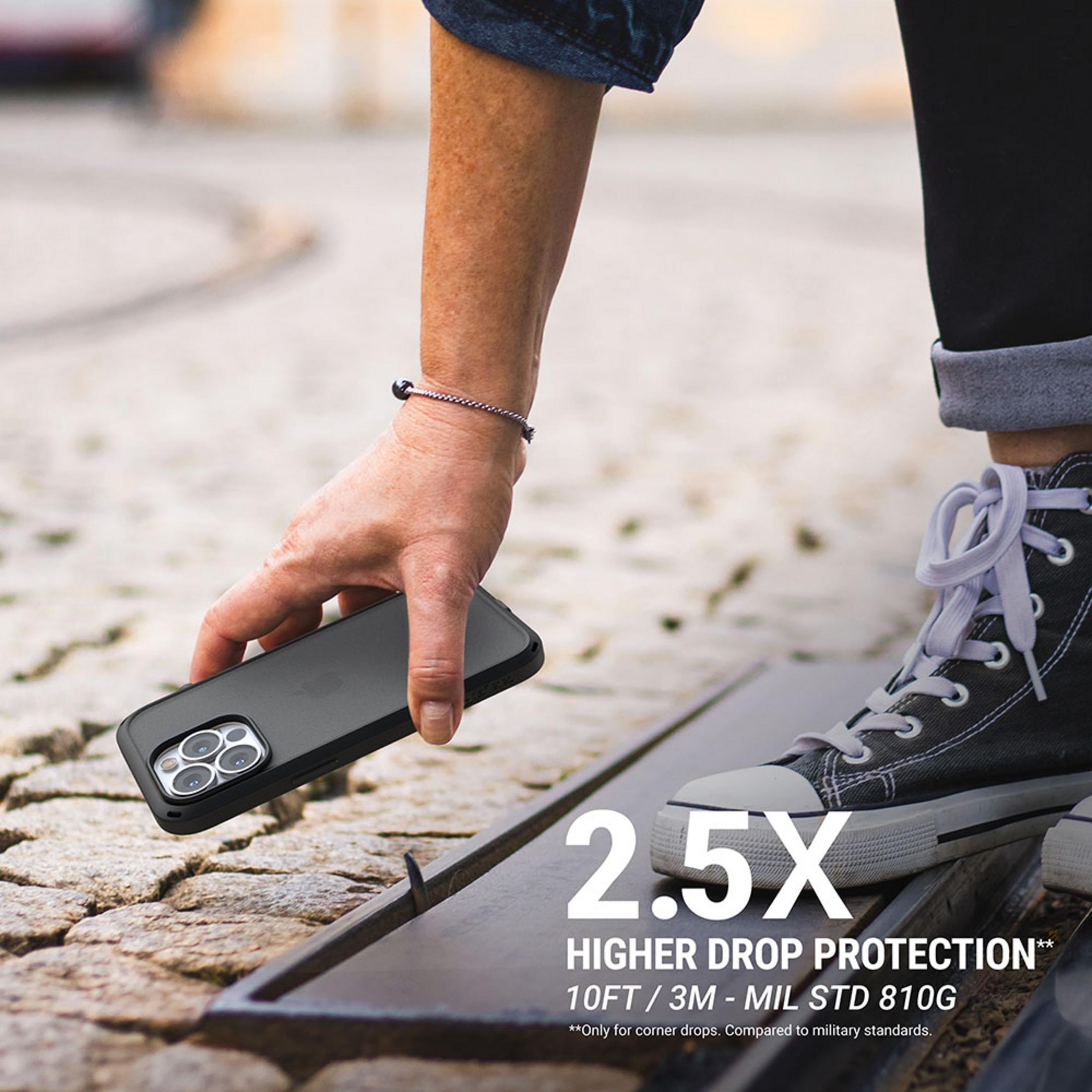 Eine Hand hält ein schwarzes Handy über felsigem Boden. Ein Schuh ist zu sehen.