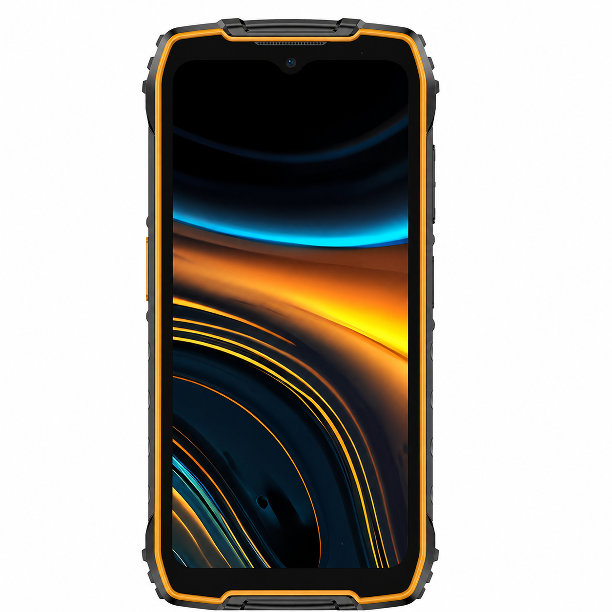 Smartphone robusto con finiture arancioni e schermo scuro con grafica astratta.