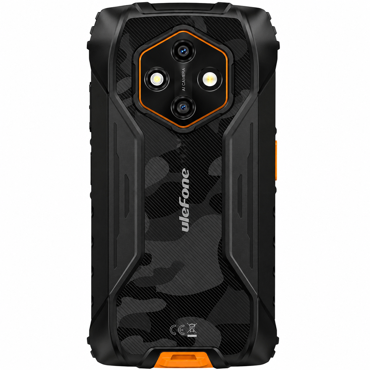Retro di uno smartphone Ulefone nero con motivo mimetico, fotocamera e accenti arancioni.