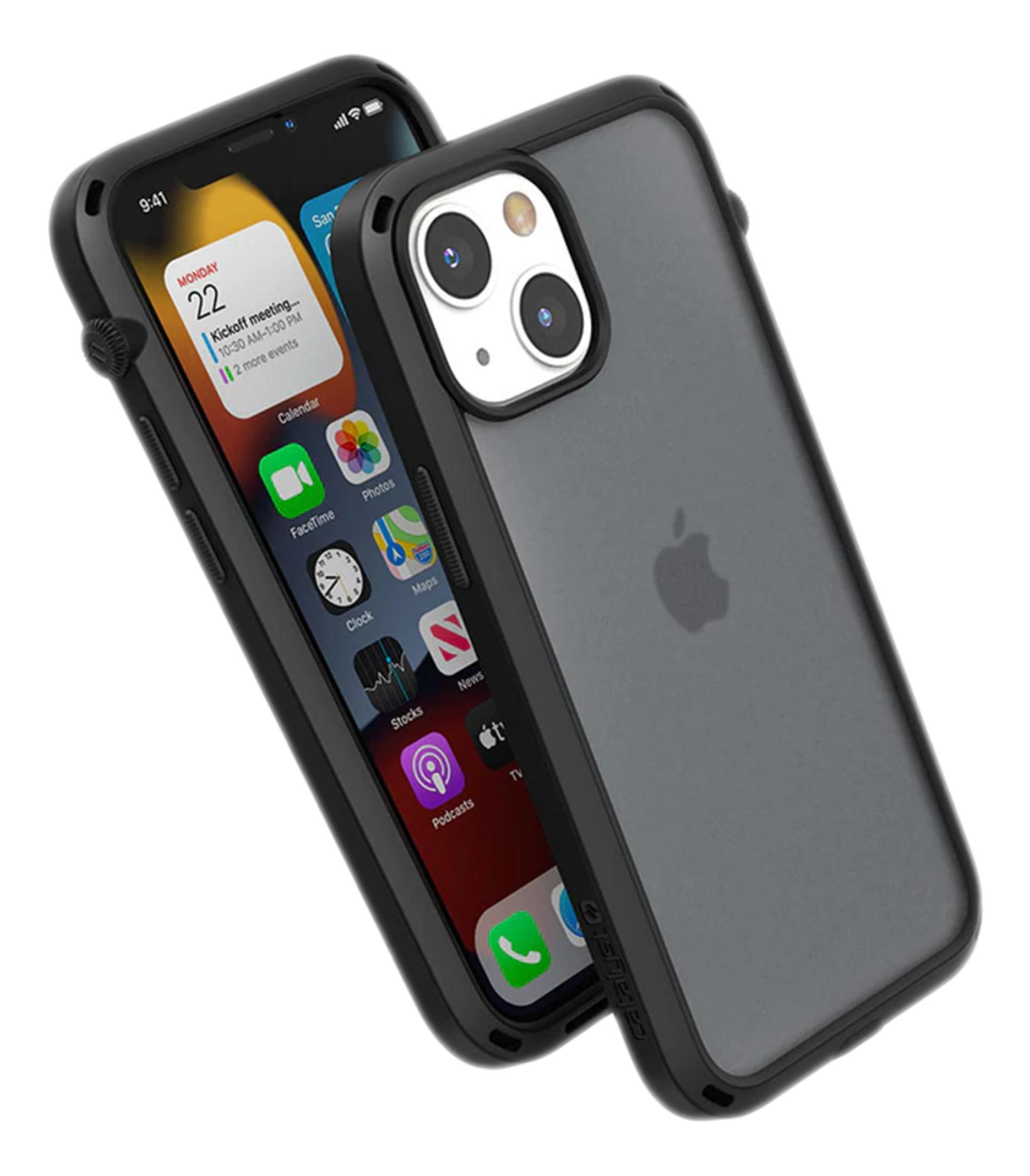 Ein iPhone in einer schwarzen Hülle, das auf einer weißen Oberfläche liegt.