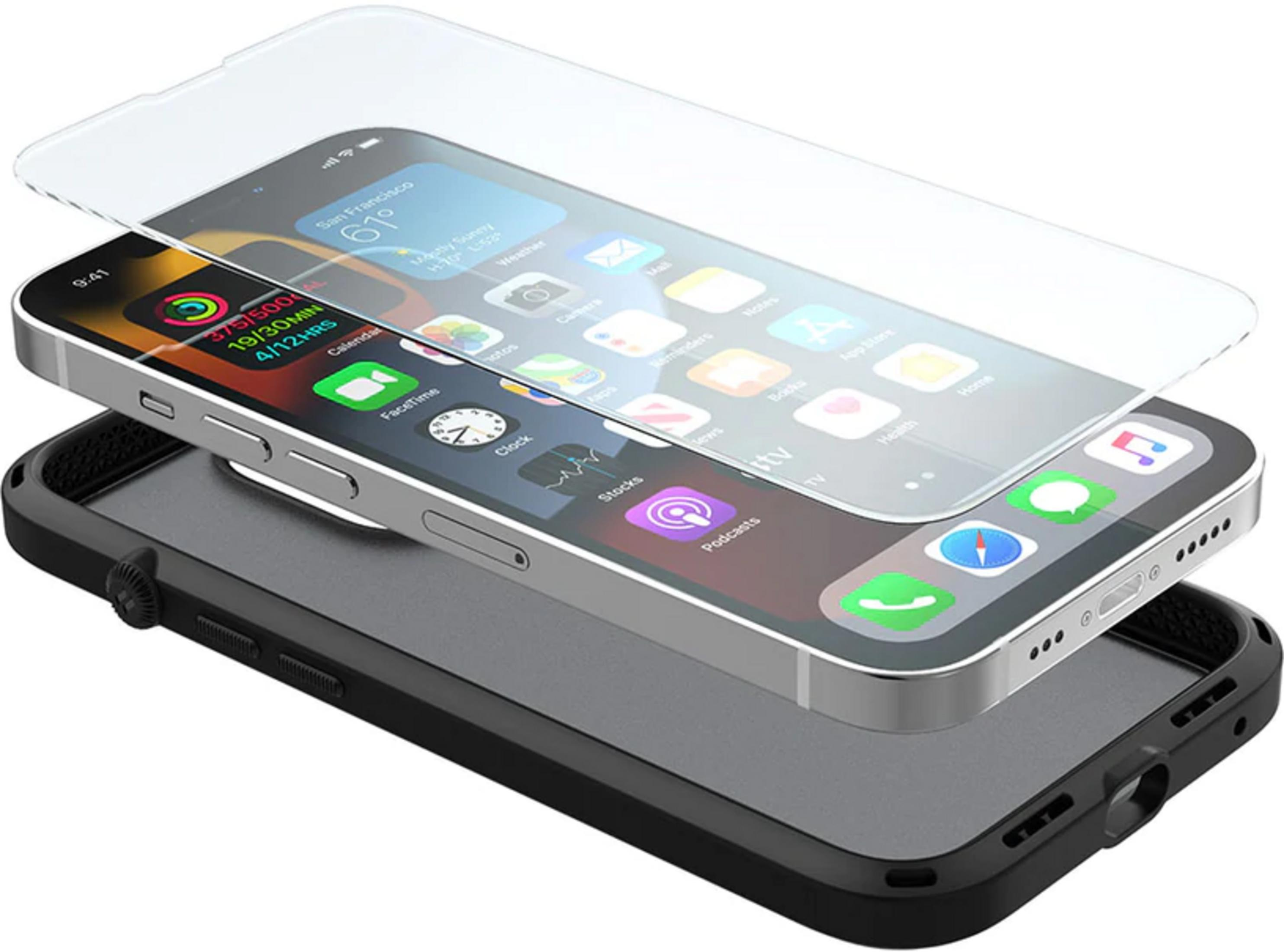 Ein silbernes Smartphone mit schwarzer Hülle, wobei ein Displayschutz darüber liegt.