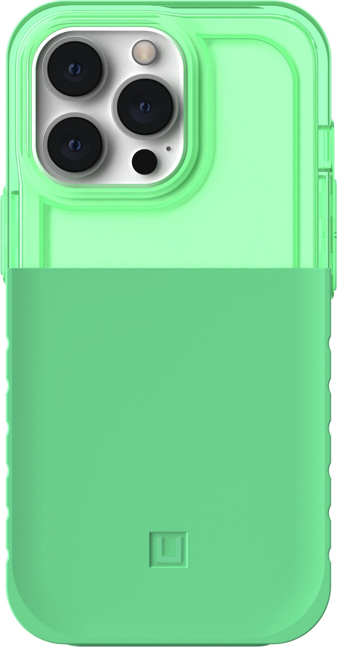 Ein hellgrünes Handy-Case mit einem Kameramodul und einem Logo.