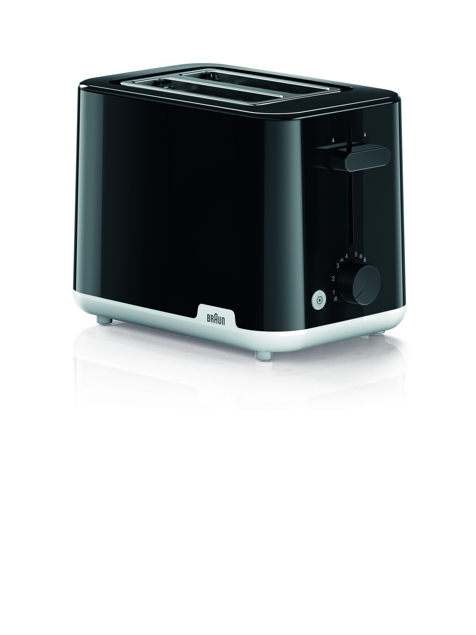 Ein glänzend schwarzer Toaster mit weißem Sockel und einem Bedienknopf.