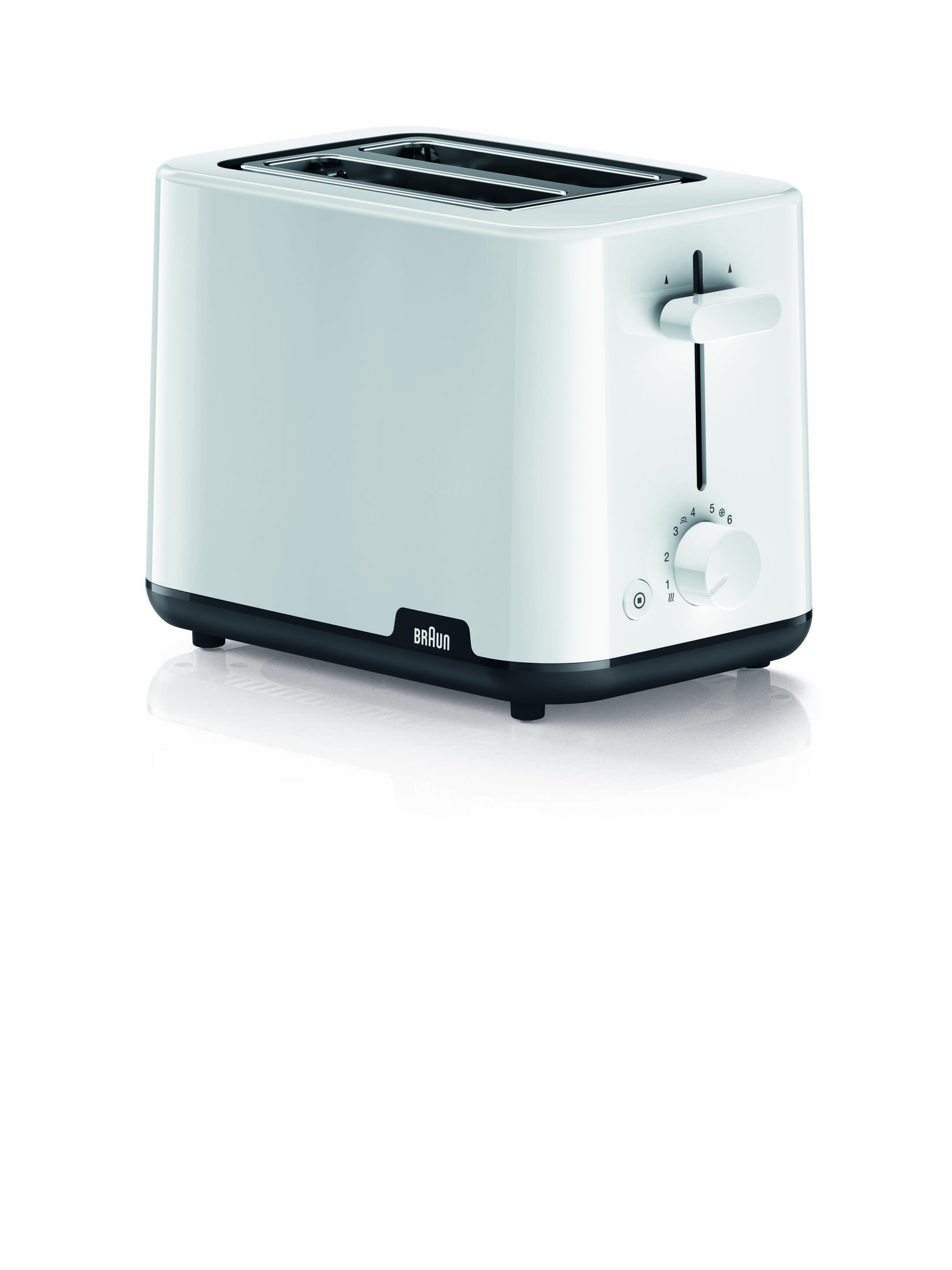 Ein weißer Braun Toaster mit schwarzem Sockel und Drehregler.