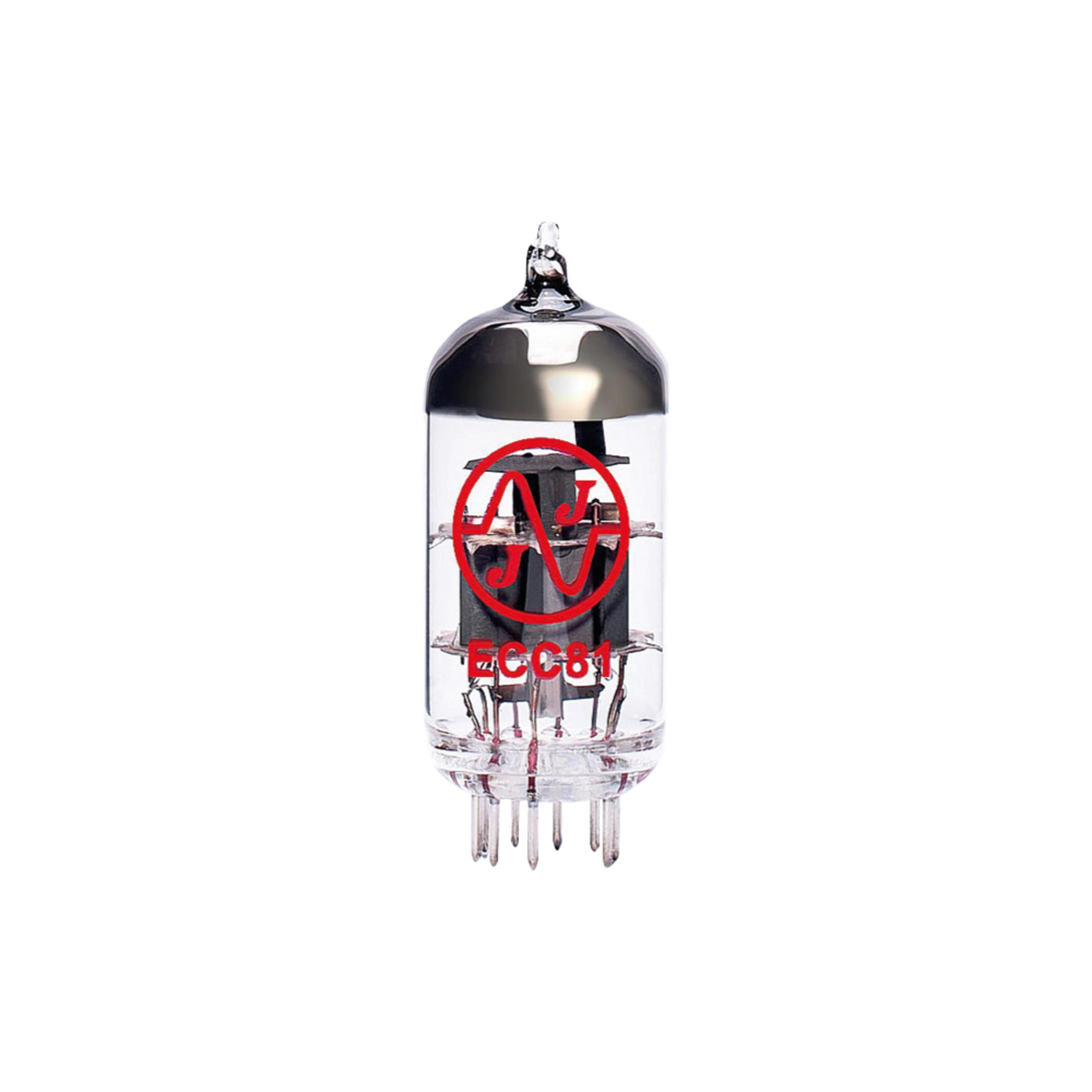 Glasvakuumröhre mit rotem Logo und ECC81-Text auf weißem Hintergrund.