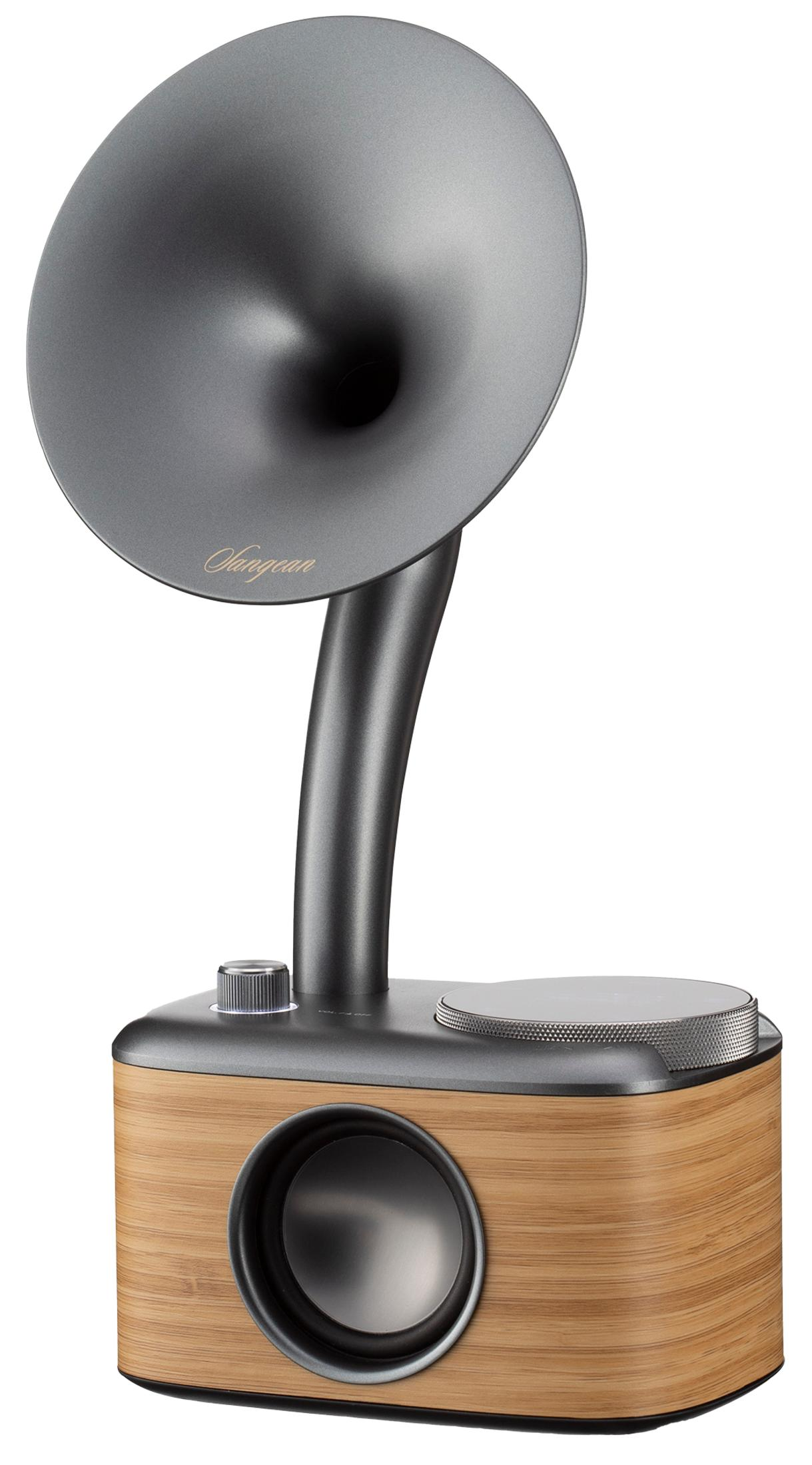 Un altoparlante grigio con base in legno e corno.
