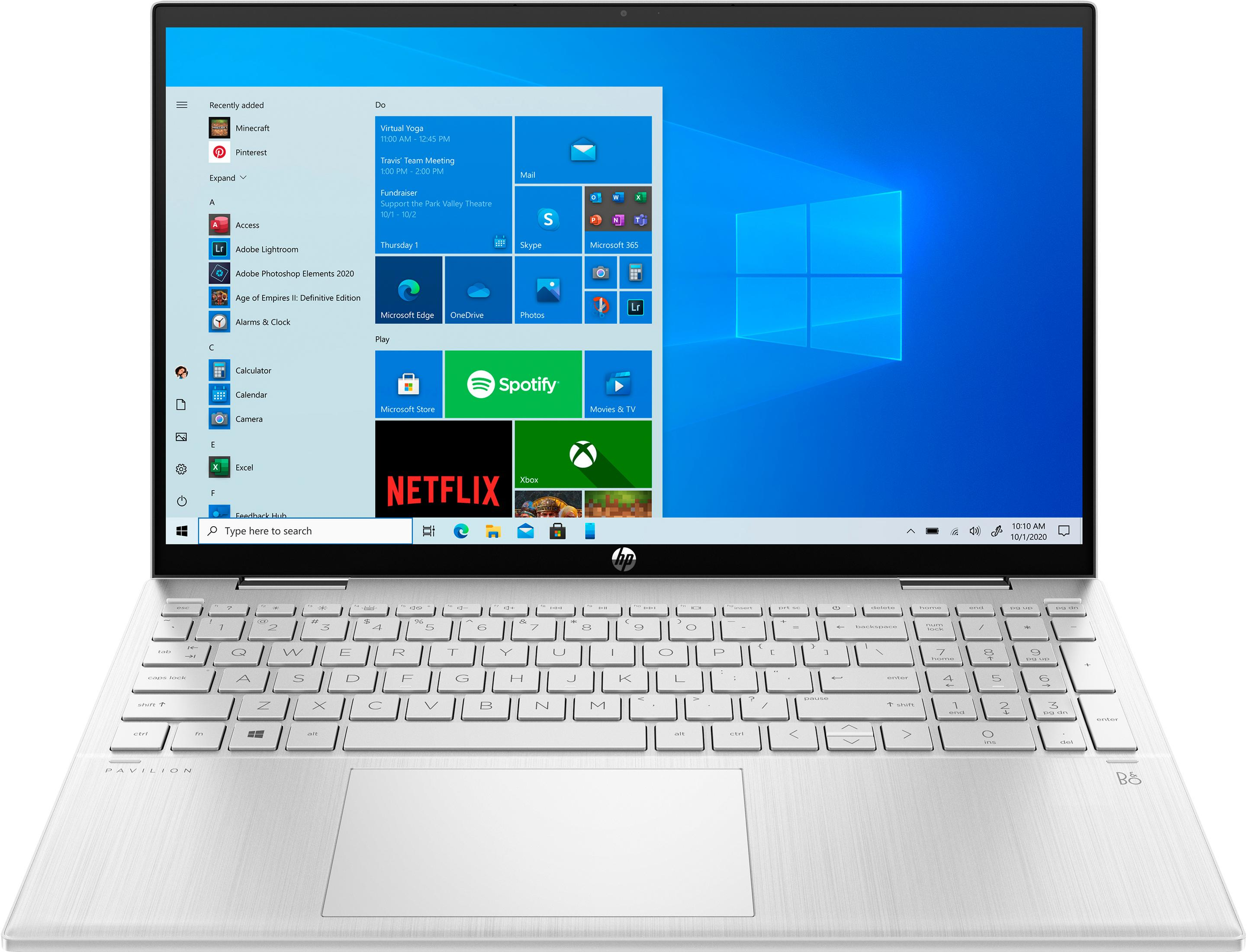 Ein offener Laptop mit Windows 10 und einem Startmenü, das Apps zeigt.