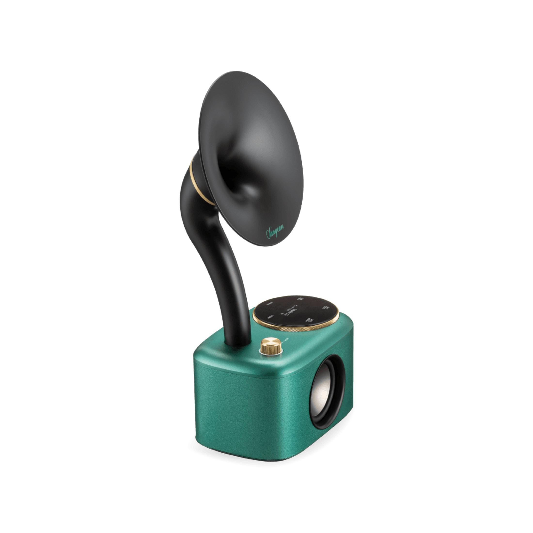 Un altoparlante verde smeraldo stile grammofono con tromba nera.