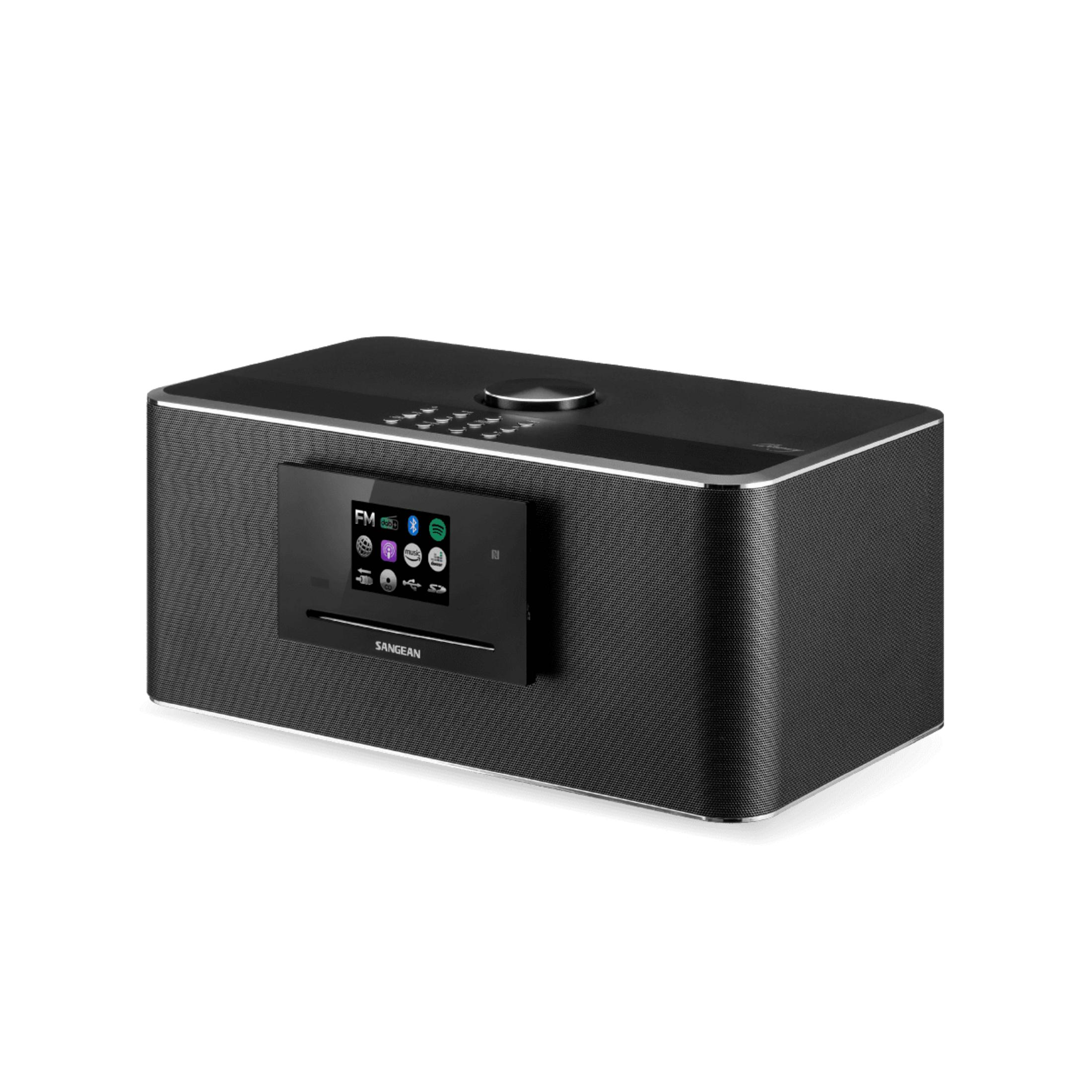 Una radio Sangean nera con display touchscreen e pulsanti sulla parte superiore.