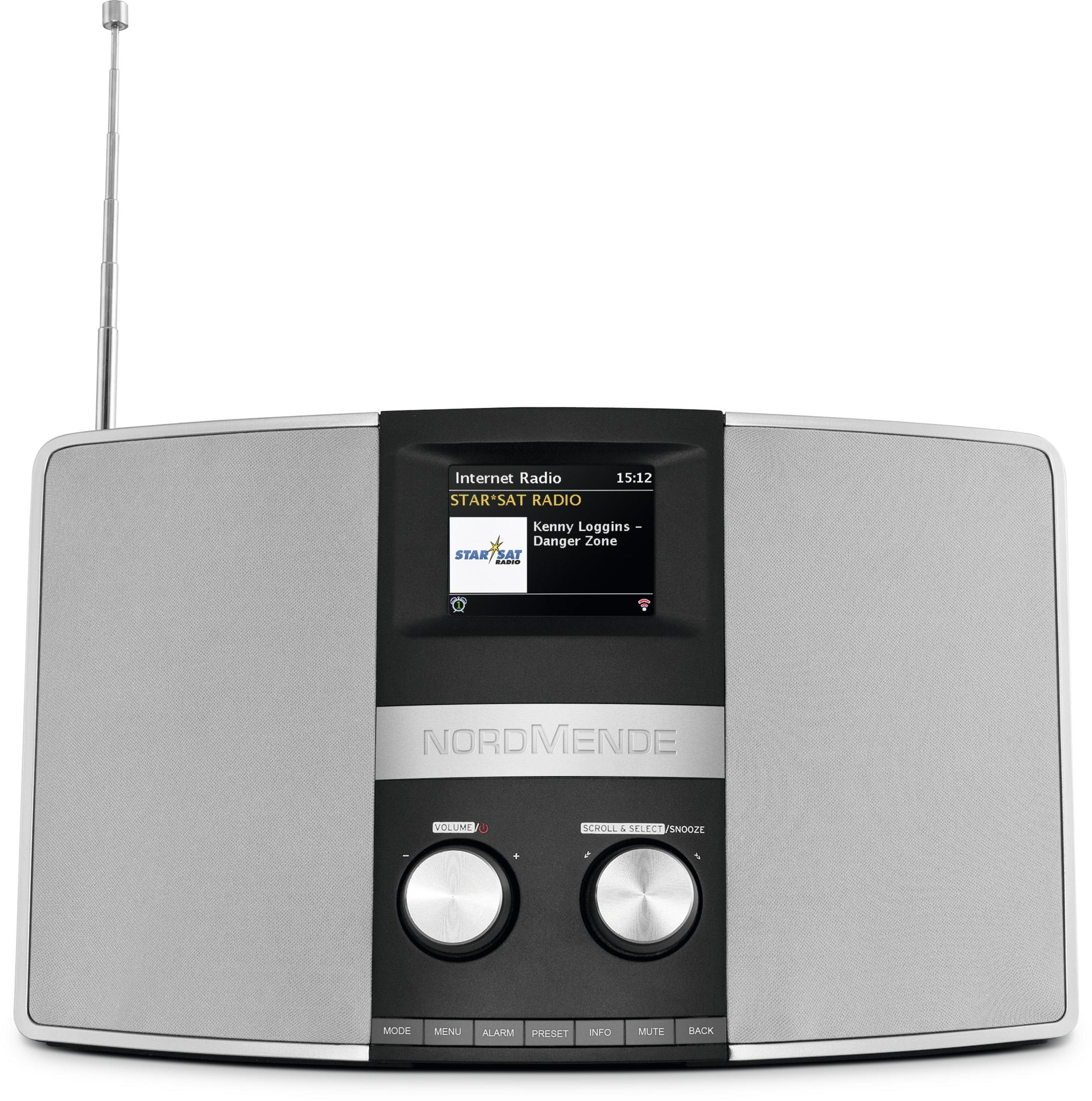 Una radio internet argentata con antenna retrattile e schermo LCD.