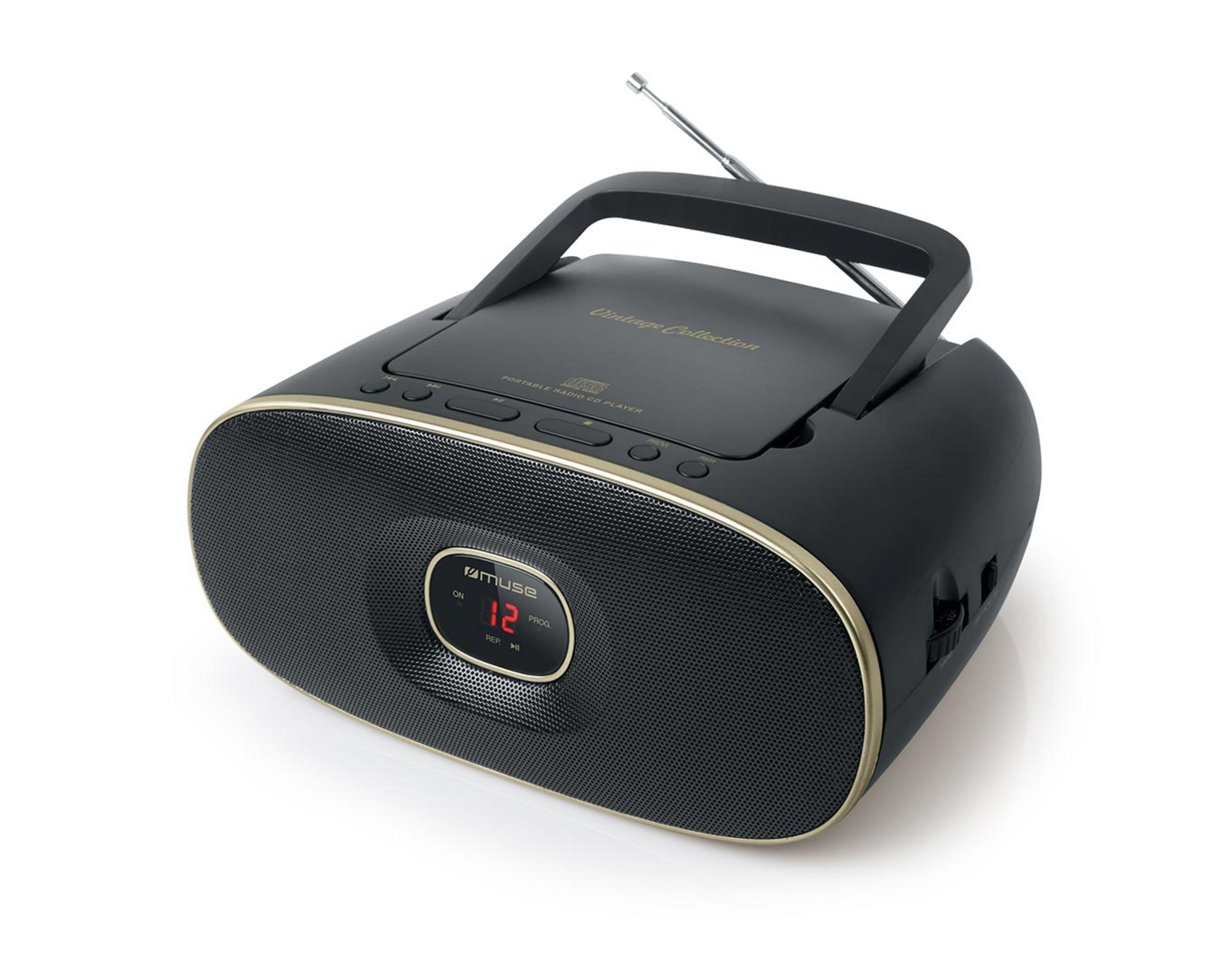 Lettore CD portatile nero con radio e antenna argentata, finiture dorate.