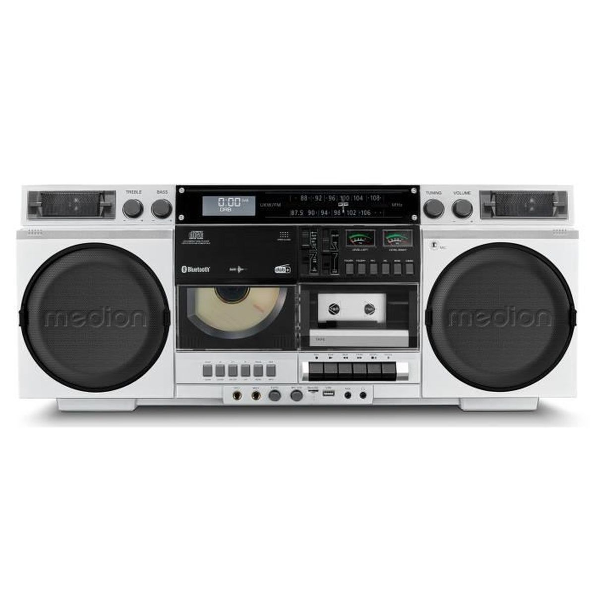Ein weißer Medion Boombox mit CD-Player, Kassettendeck, Radio und Lautsprechern.