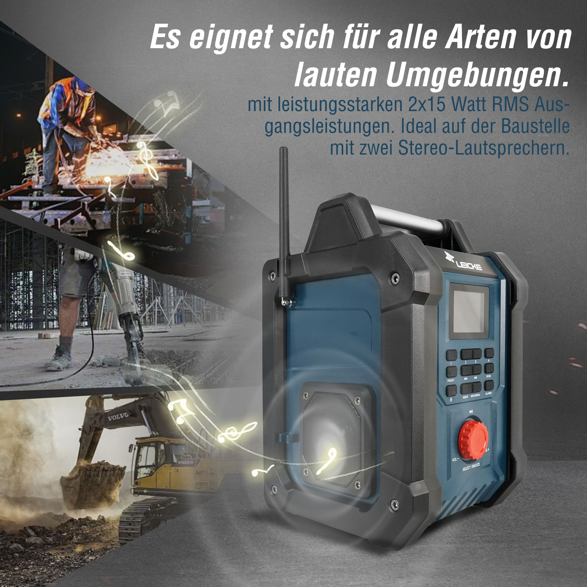 Una robusta radio blu e nera con antenna, altoparlante e controlli.