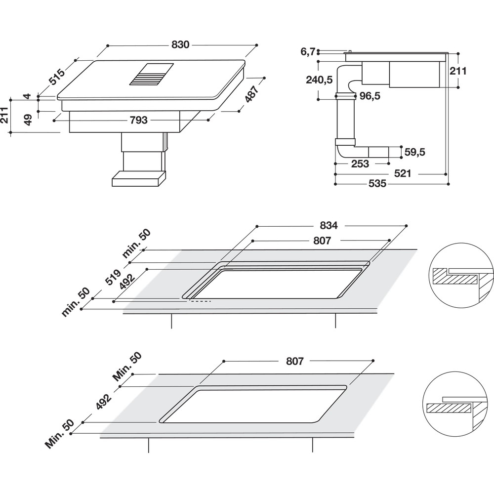 Disegno tecnico di un piano cottura con dimensioni e misure di installazione.