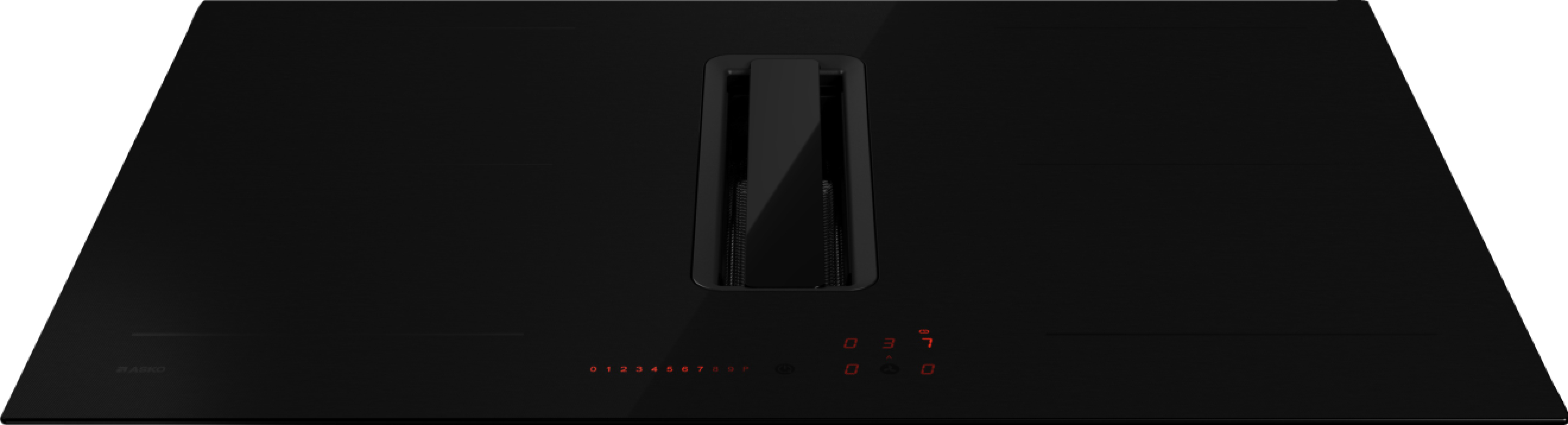 Piano cottura a induzione nero con cappa integrata e display digitali rossi.