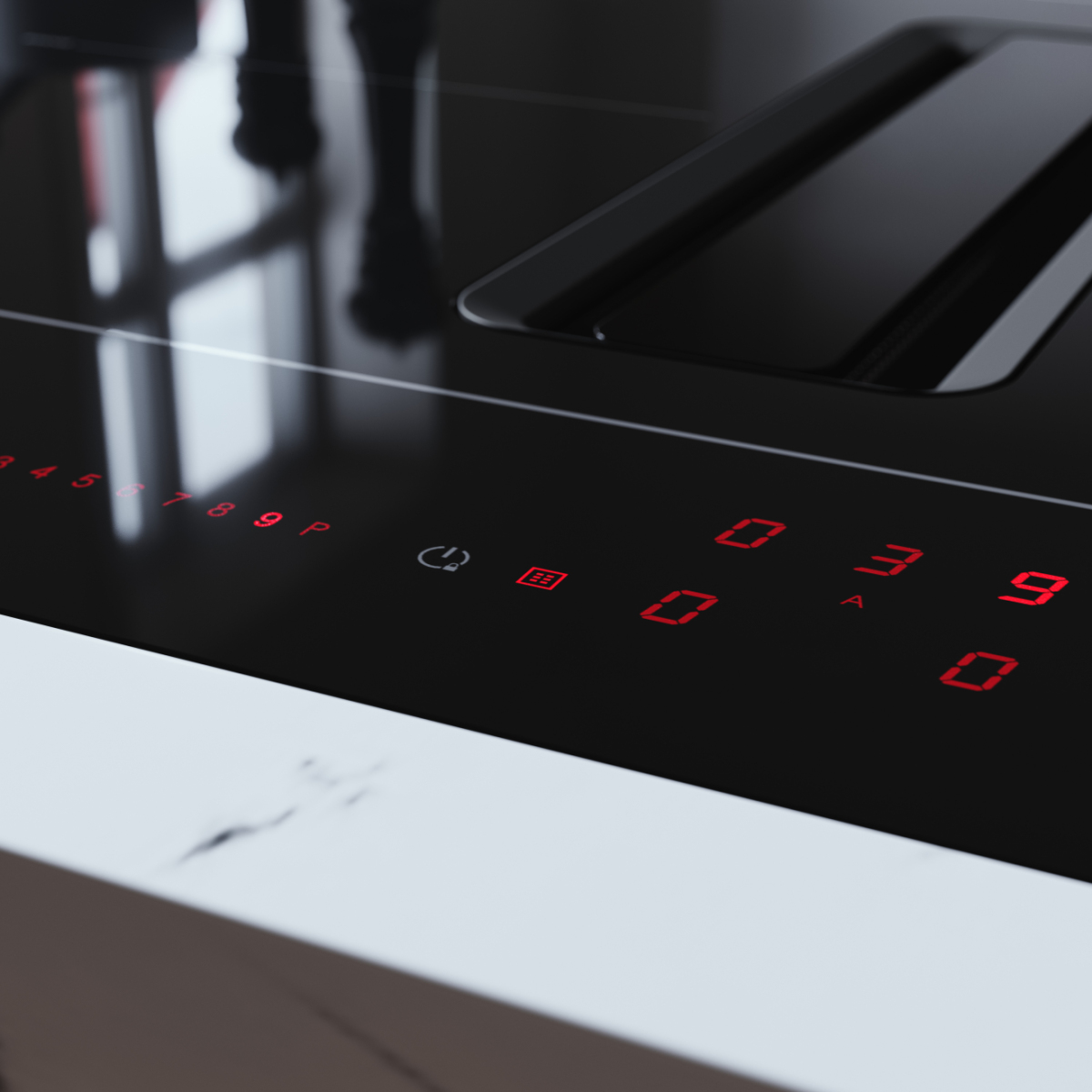 Primo piano di un piano cottura a induzione nero con display a LED rossi.