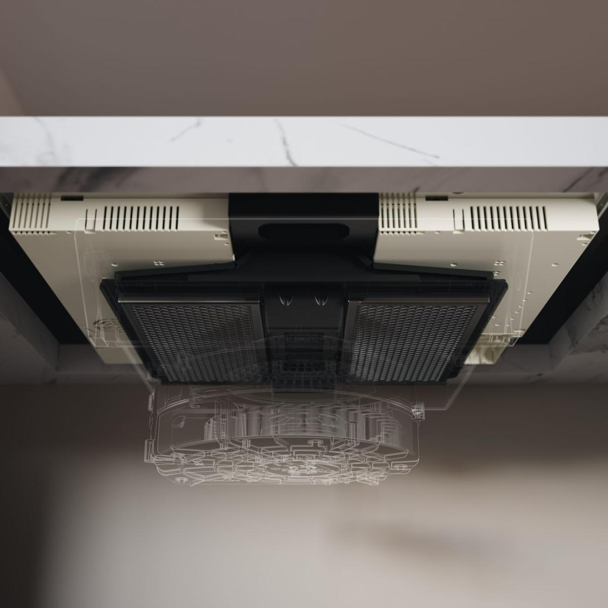 Parte inferiore di una cappa aspirante con fessure di ventilazione e filtri metallici.