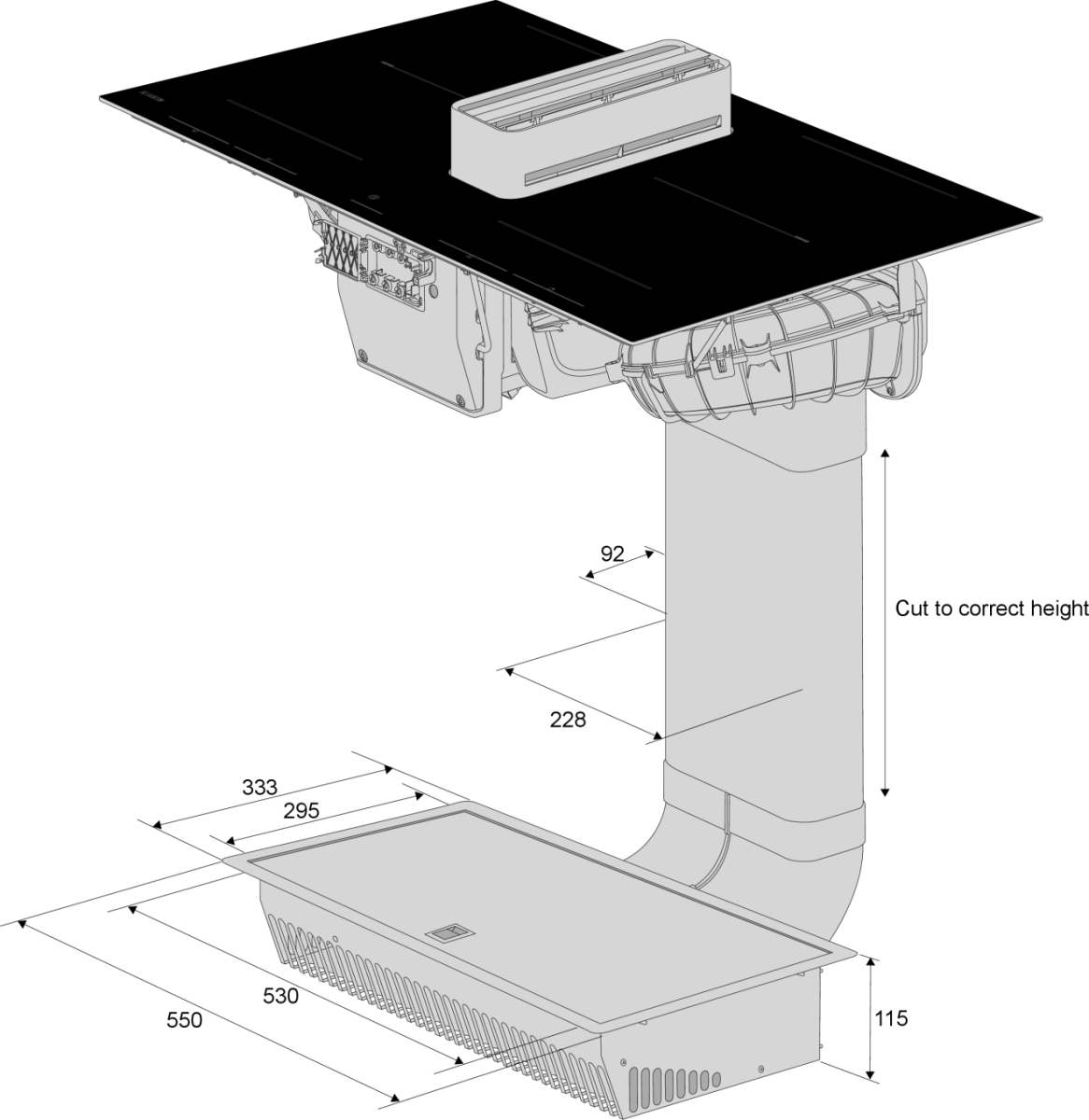 Schema di un kit di installazione cappa aspirante con dimensioni.