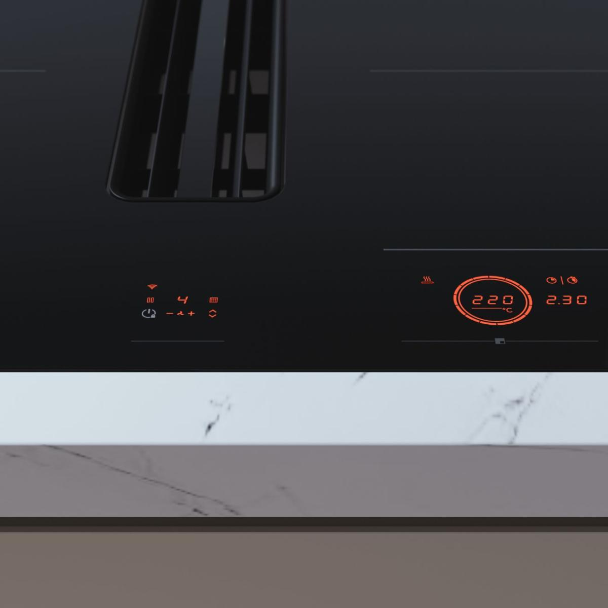 Piano cottura a induzione nero con display digitali per temperatura e timer.