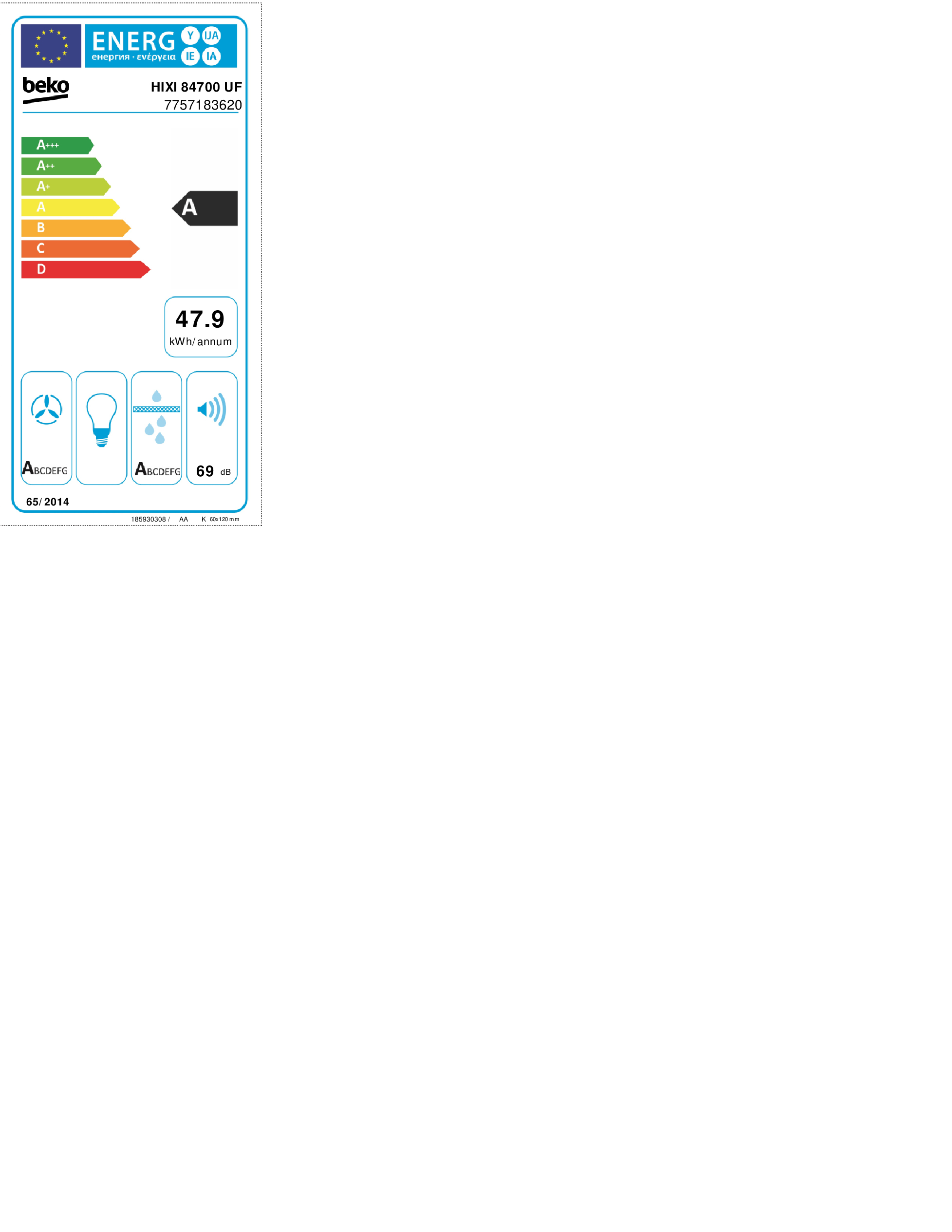 Etichetta energia: Beko HIXI 84700 UF, Classe A, 47.9 kWh/anno.