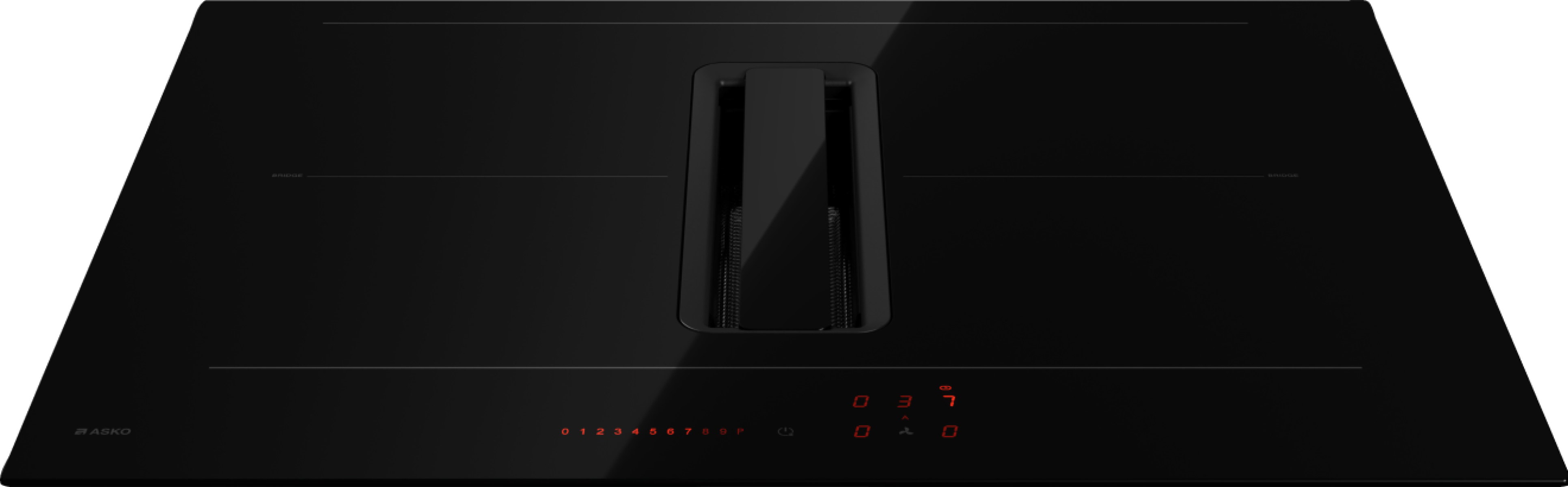 Piano cottura a induzione nero con griglia di ventilazione integrata e display digitale rosso.
