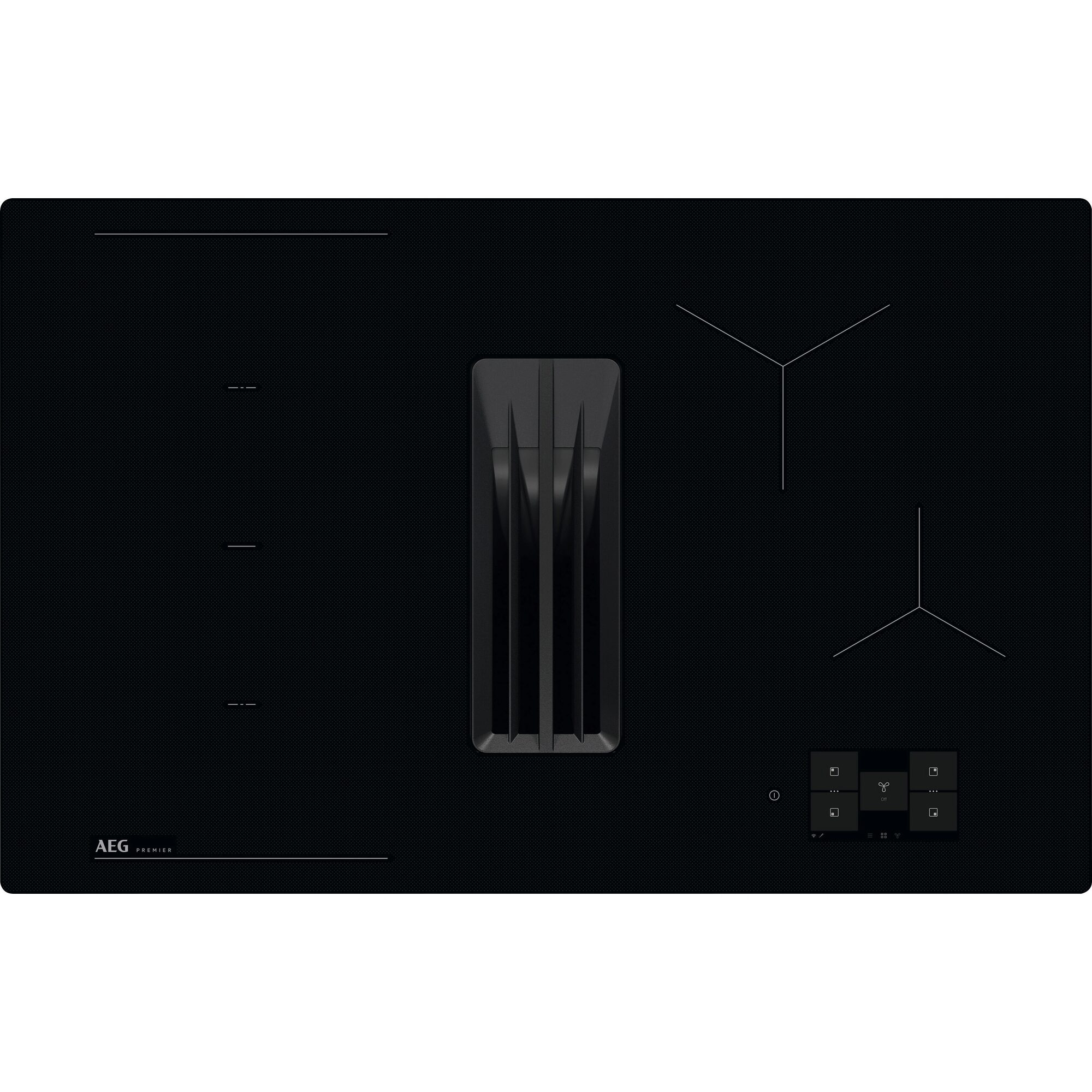 Piano cottura a induzione nero con canale di ventilazione e pannello touch.