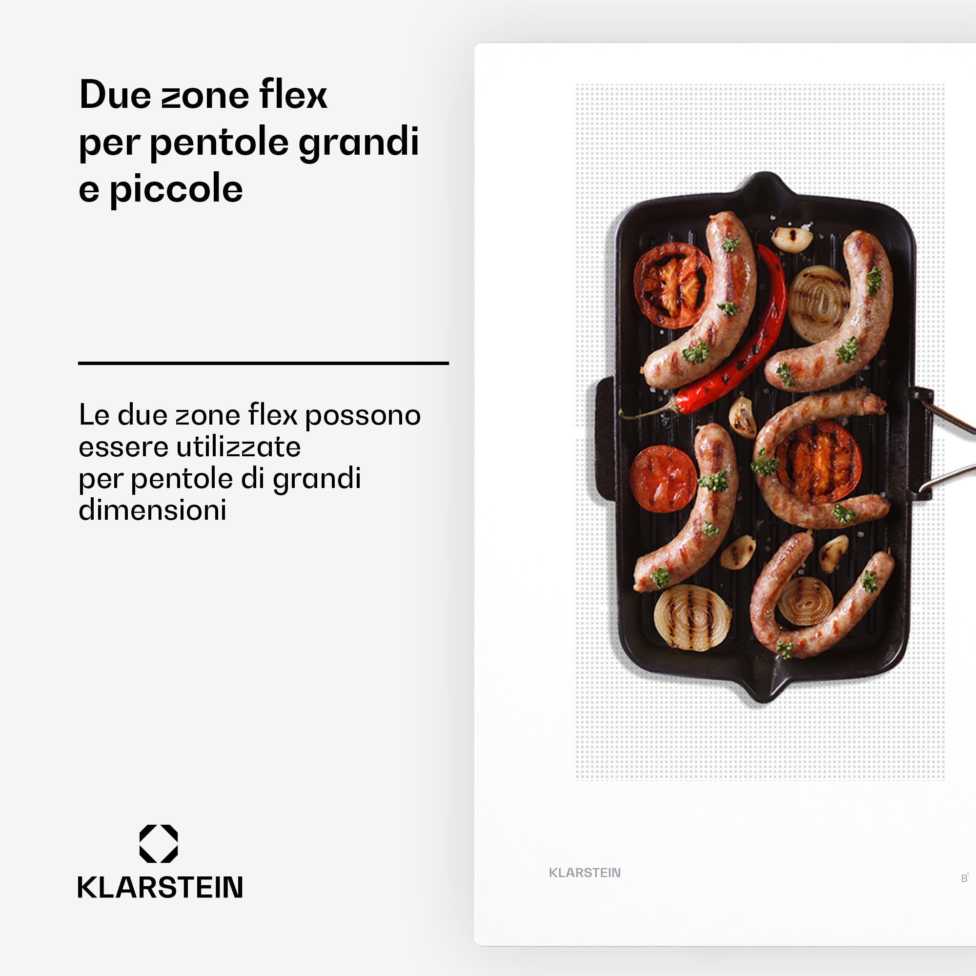 Grillplatte mit Würstchen, Tomaten und Zwiebeln, Klarstein-Logo.