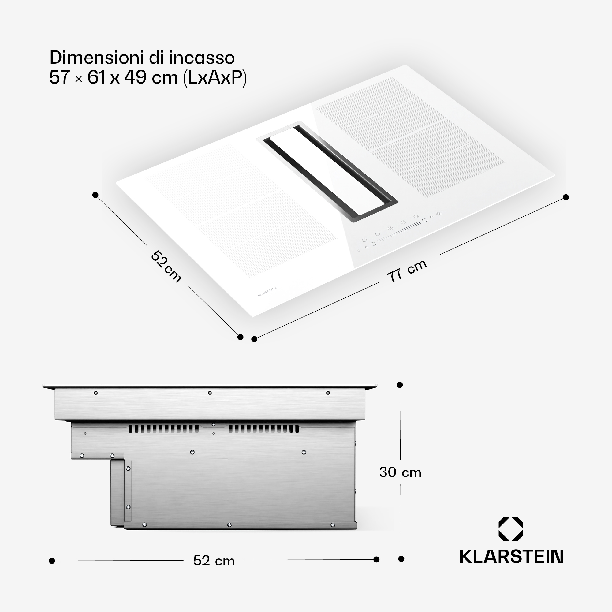 Weiße Einbaukochfeld mit integriertem Lüftungsschacht und Maßangaben.